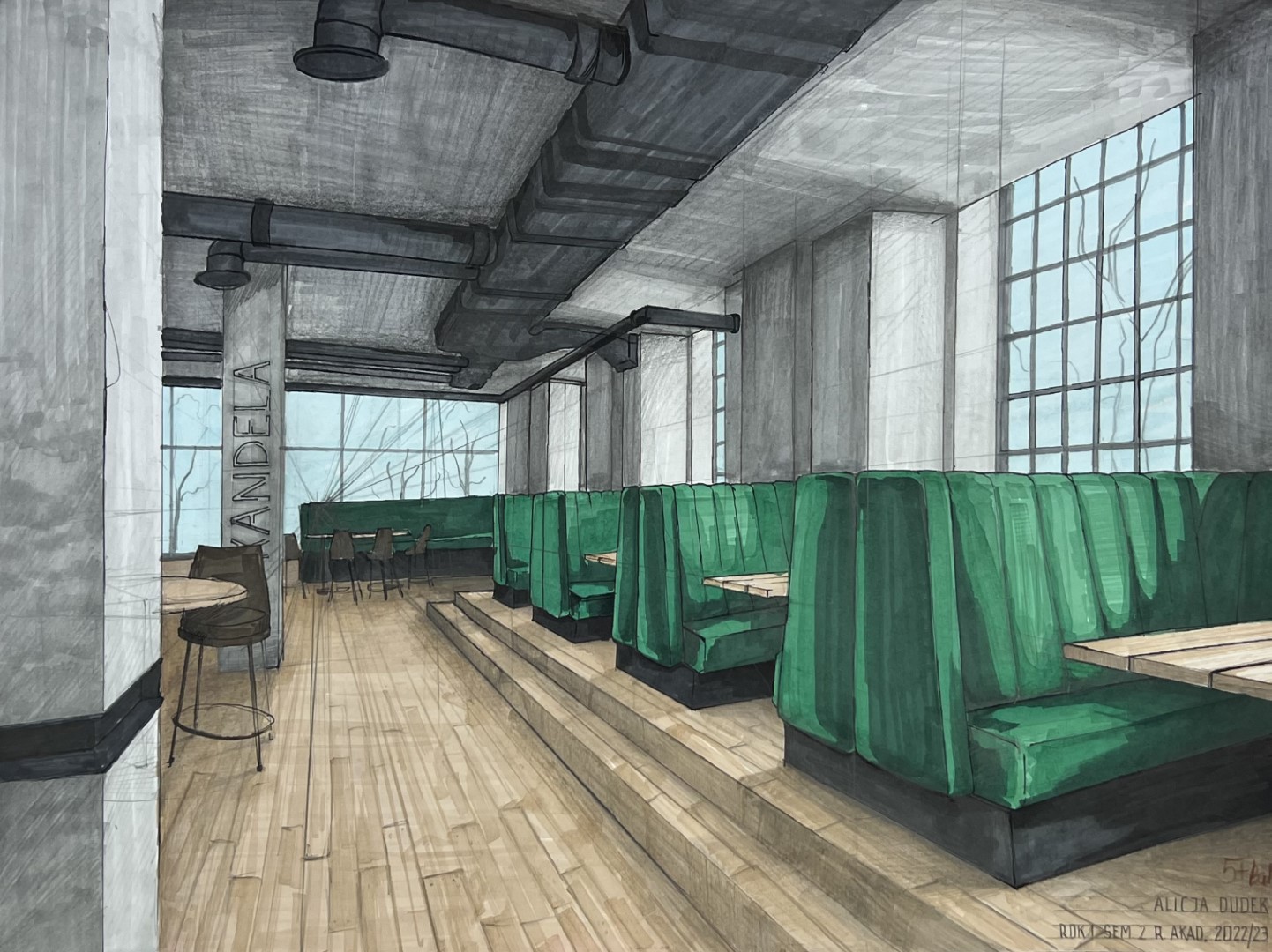 Rysunek przedstawiający wnętrze kawiarni z zielonymi sofami stołami, drewnianą podłogą w klimacie surowego betonu.