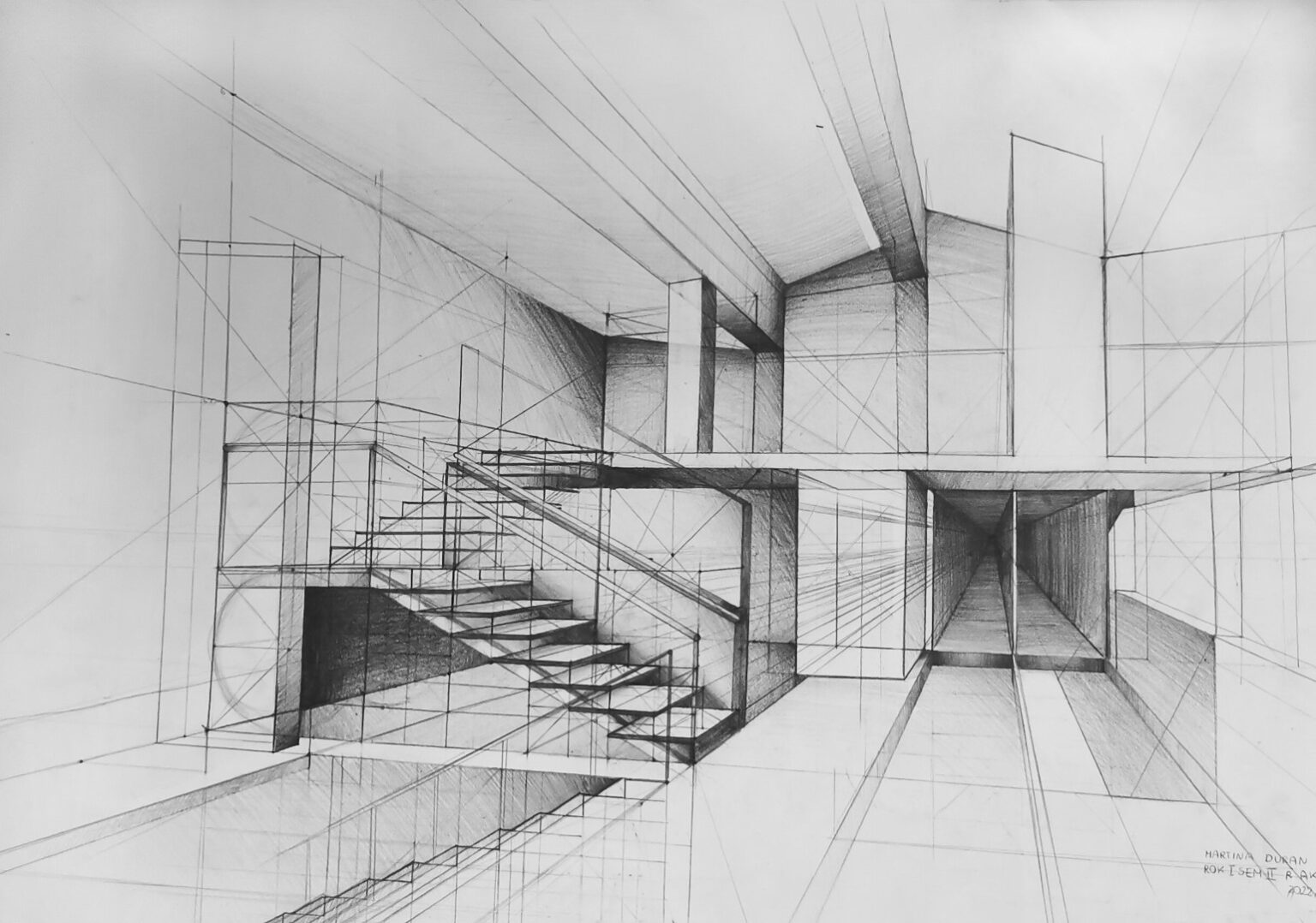 Rysunek ołówkowy przedstawiający wnętrze ze schodami na antresolę.