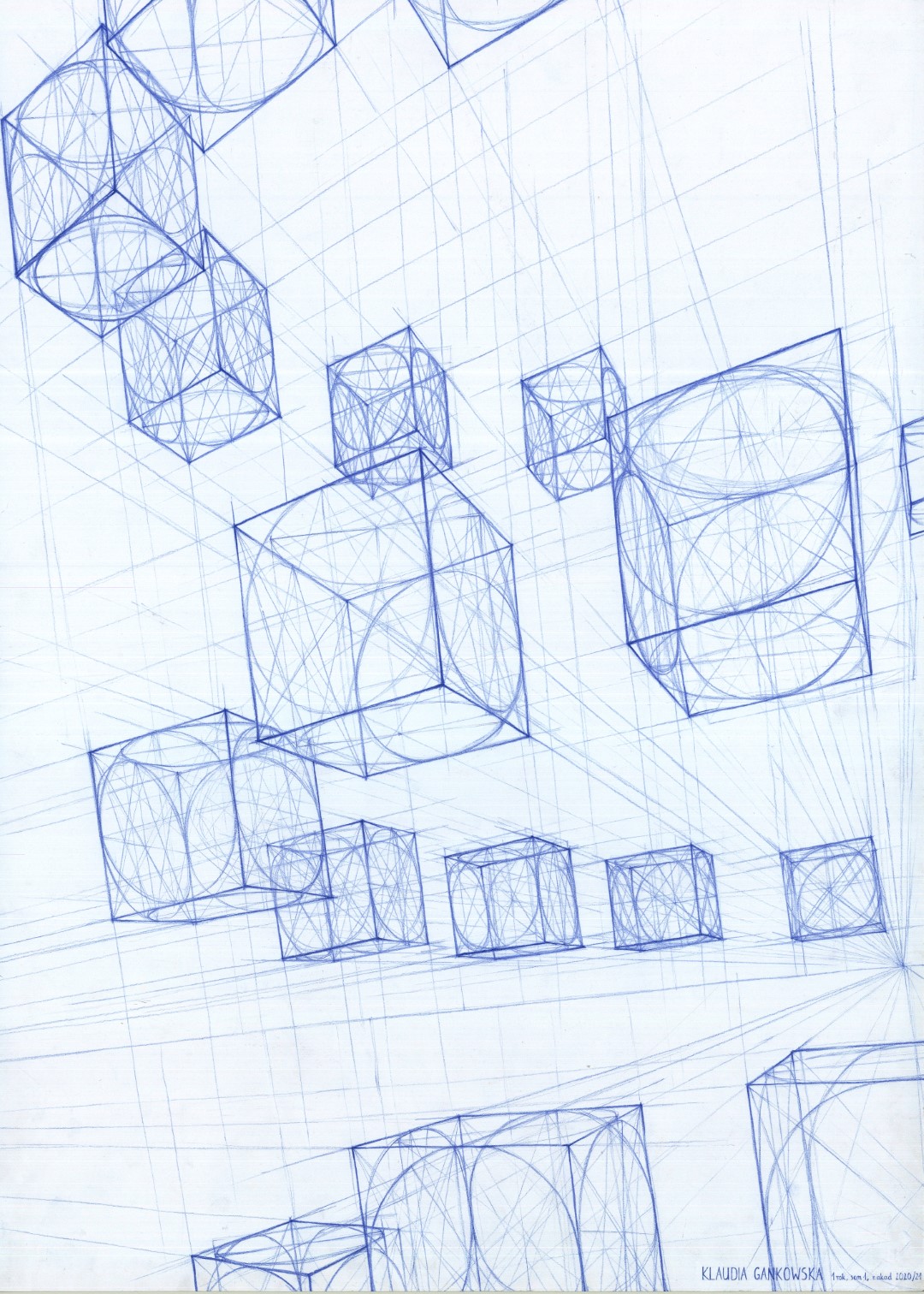 Rysunek kredką przedstawiający sześciany różnej wielkości unoszące się w powietrzu.