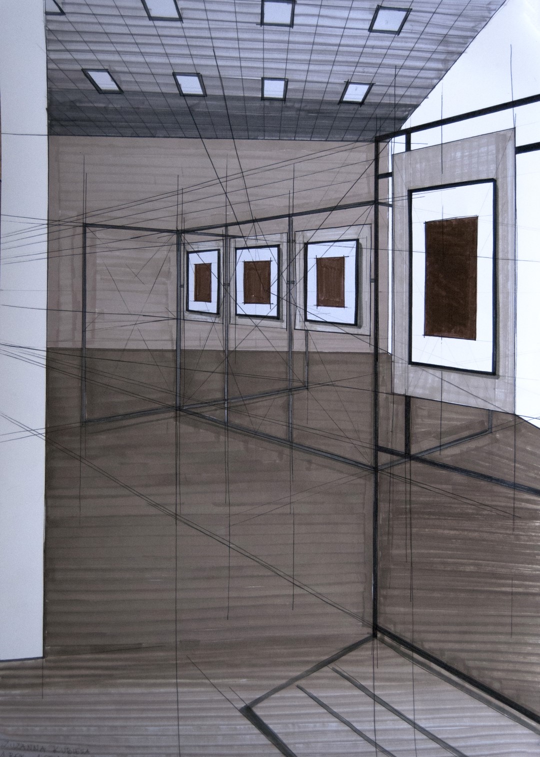 Rysunek wykonany za pomocą cienkopisów i markerów przedstawiający wydzieloną przestrzeń wystawienniczą, cztery obrazy w stalowych konstrukcjach wystawienniczych.