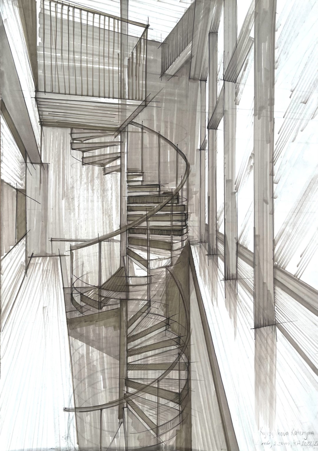 Rysunek markerowy przedstawiający stalowe schody kręcone w budynku Wydziału Scenografii Akademii Sztuk Pięknych przy ul. Wybrzeże Kościuszkowskie w Warszawie.