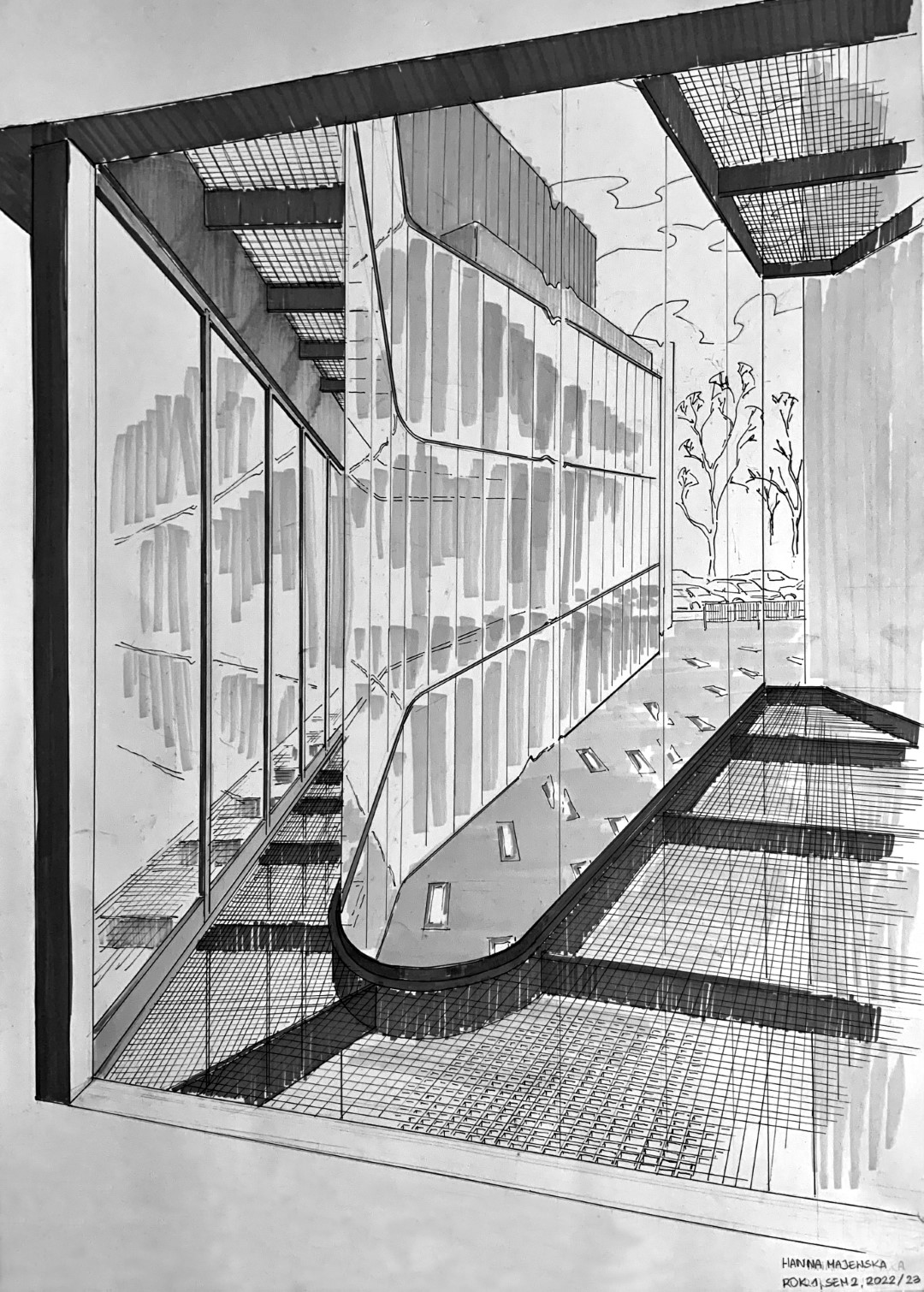 Rysunek wykonany cienkopisem przedstawiający zagięcie ściany kurtynowej budynku Akademii Sztuk Pięknych przy ul. Wybrzeże Kościuszkowskie w Warszawie.