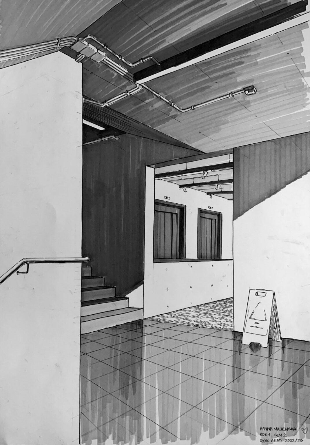 Rysunek wykonany za pomocą cienkopisów i markerów przedstawiający korytarz i fragment schodów znajdujących się w budynku Akademii Sztuk Pięknych przy ul. Wybrzeże Kościuszkowskie w Warszawie.