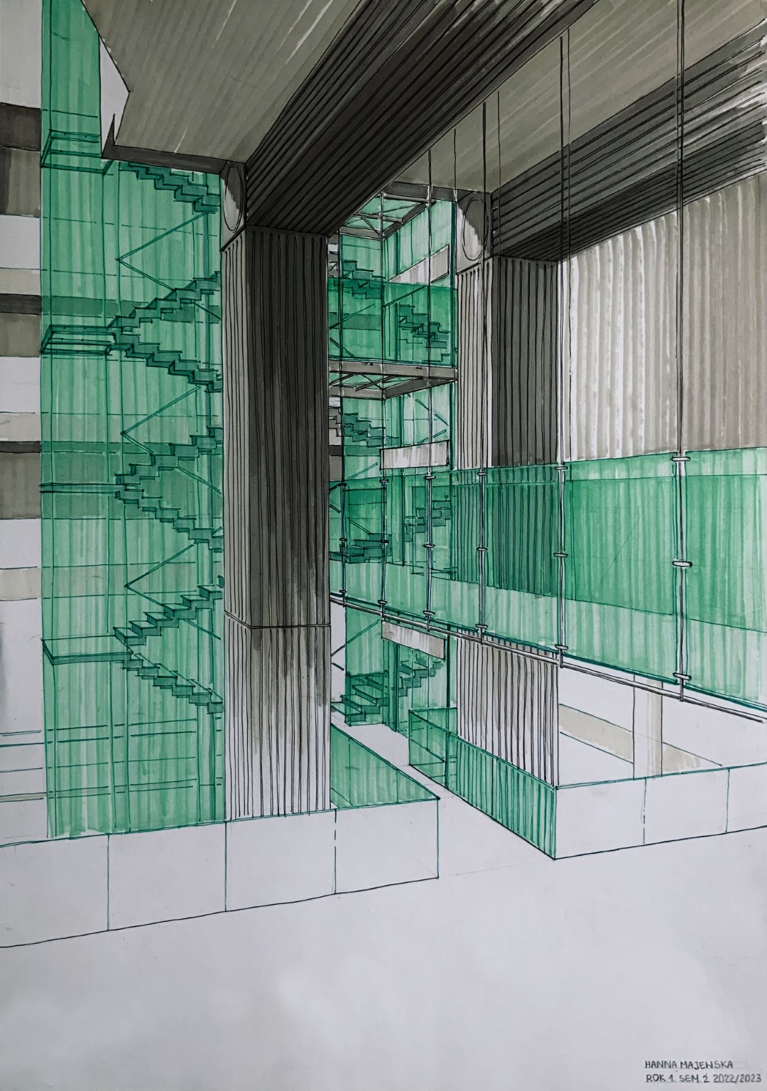 Rysunek wykonany cienkopisami i markerami przedstawiający klatkę schodową Sądu Najwyższego w Warszawie.