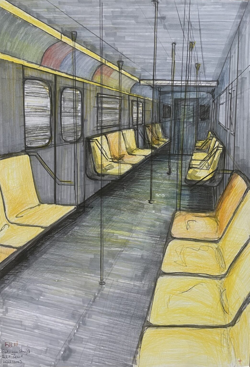 Rysunek wykonany w technice kolorowej przedstawiający wnętrze wagonu metra.