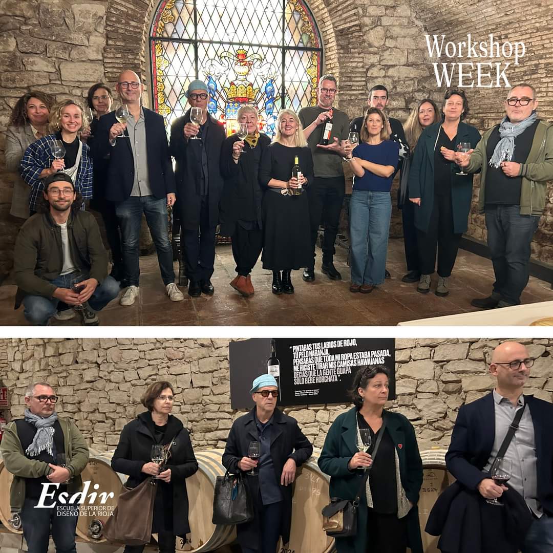 Dwie fotografie w kamiennych wnętrzach winiarni. Przedstawieni są nauczyciele goście prowadzący warsztaty w Logroño.