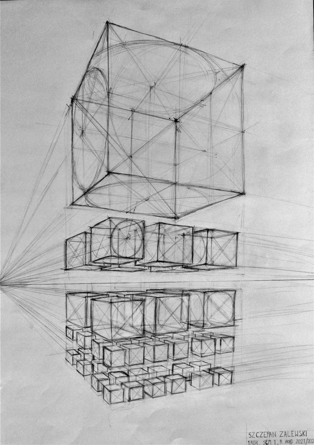 Rysunek ołówkowy przedstawiający sześciany ustawione pod sobą od największego do najmniejszego.