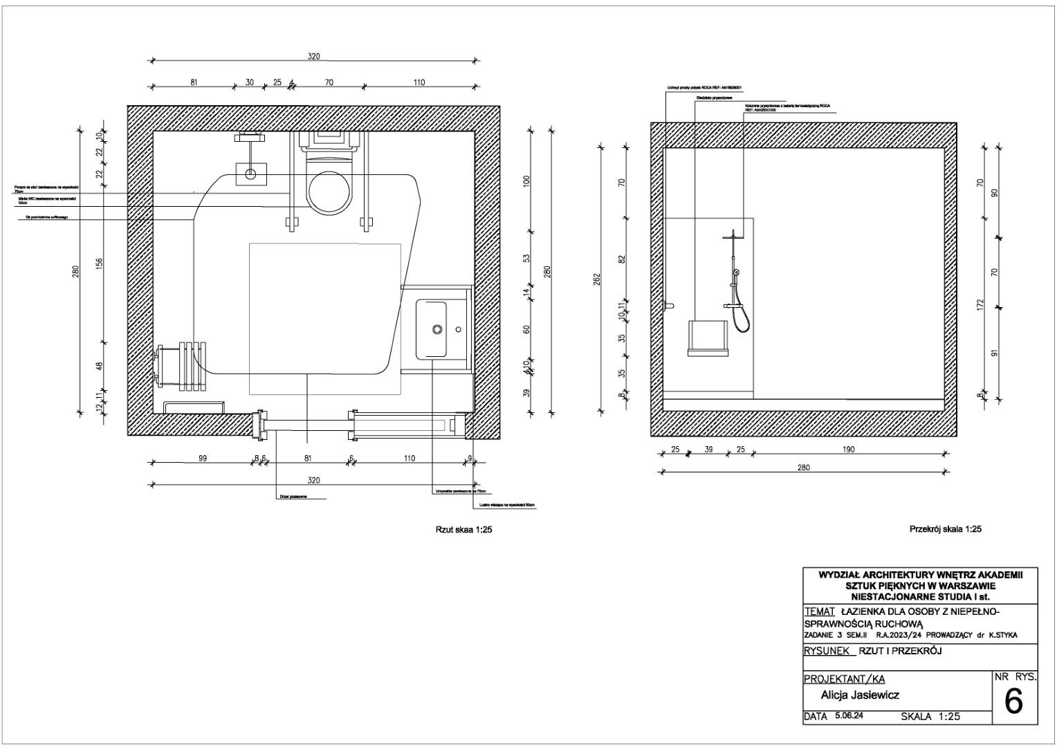 rzut i przekrój łazienki dostosowanej dla osoby z niepełnosprawnością ruchową w skali 1:25. Uwzględniono wyposażenie, takie jak kolumna prysznicowa, uchwyty, siedzisko prysznicowe, umywalka na wysokości 70 cm i WC na wysokości 50 cm.