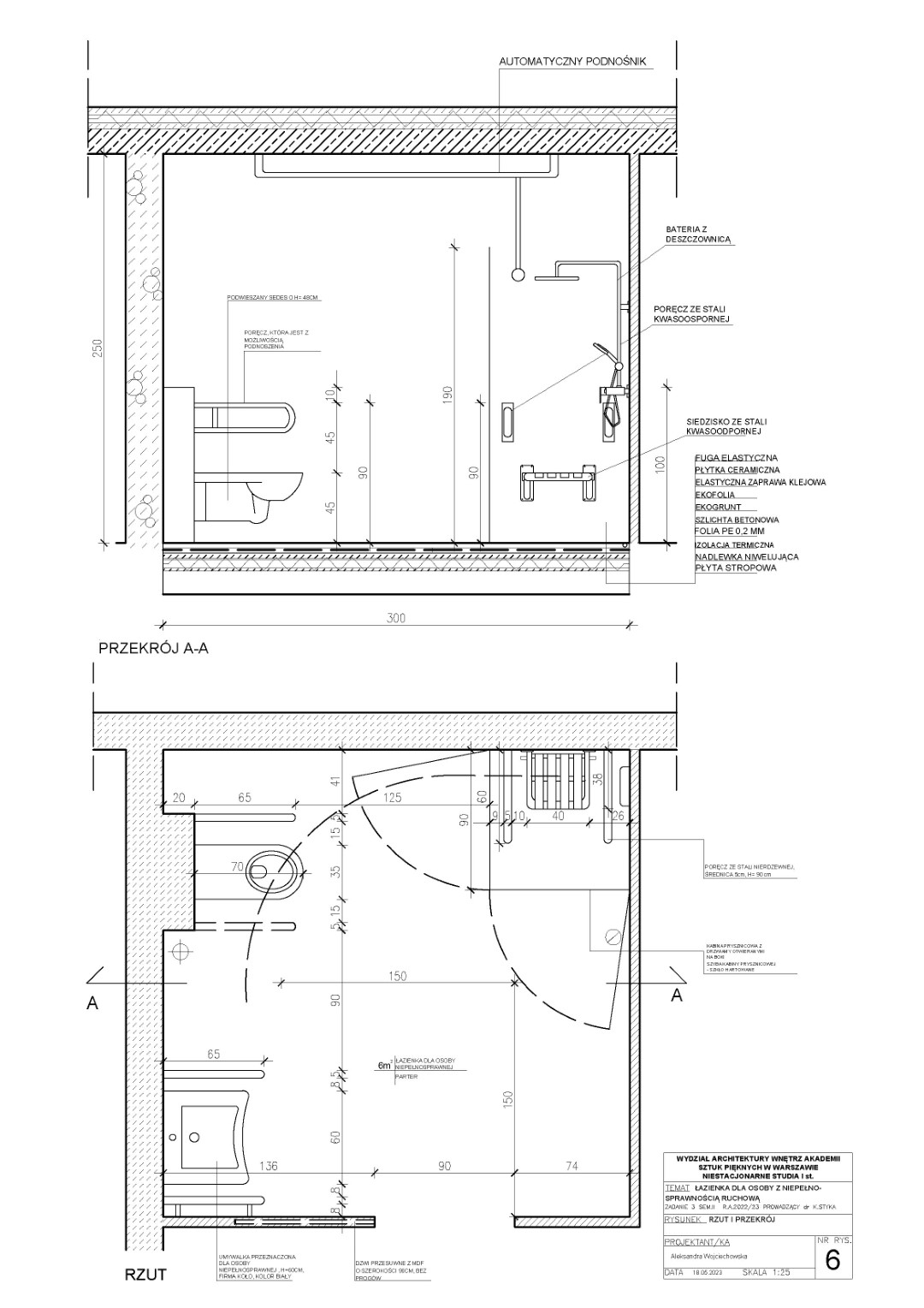 rzut i przekrój łazienki przystosowanej dla osoby z niepełnosprawnością ruchową w skali 1:25. Uwzględniono m.in. podwieszany sedes na 48 cm, kabinę prysznicową z drzwiami otwieranymi na boki, poręcze ze stali nierdzewnej, umywalkę na 60 cm i drzwi przesuwne bez progów.