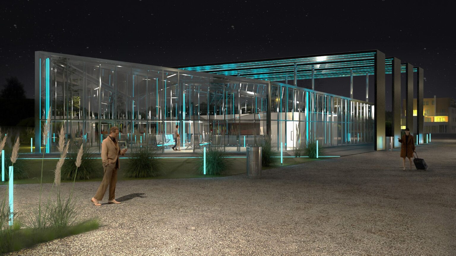 nowoczesny, przeszklony budynek dworca autobusowego nocą, oświetlony neonowym światłem w odcieniach niebieskiego. W tle widoczne są gwiazdy i otaczająca roślinność. Na pierwszym planie spacerują ludzie, co podkreśla użytkowy charakter obiektu.