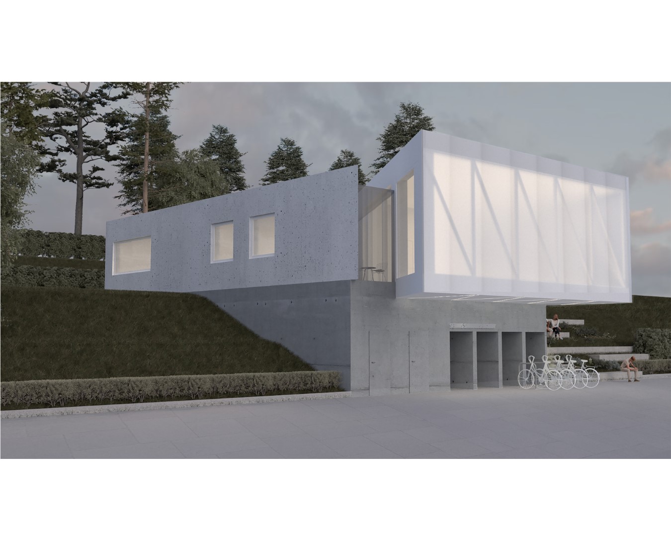 nowoczesny budynek serwisu rowerów o minimalistycznym designie. Składa się z betonowej bryły w dolnej części oraz jasnej, przeszklonej konstrukcji na piętrze. Otoczony jest zielenią i miejscem na rowery, co podkreśla jego ekologiczny i funkcjonalny charakter.