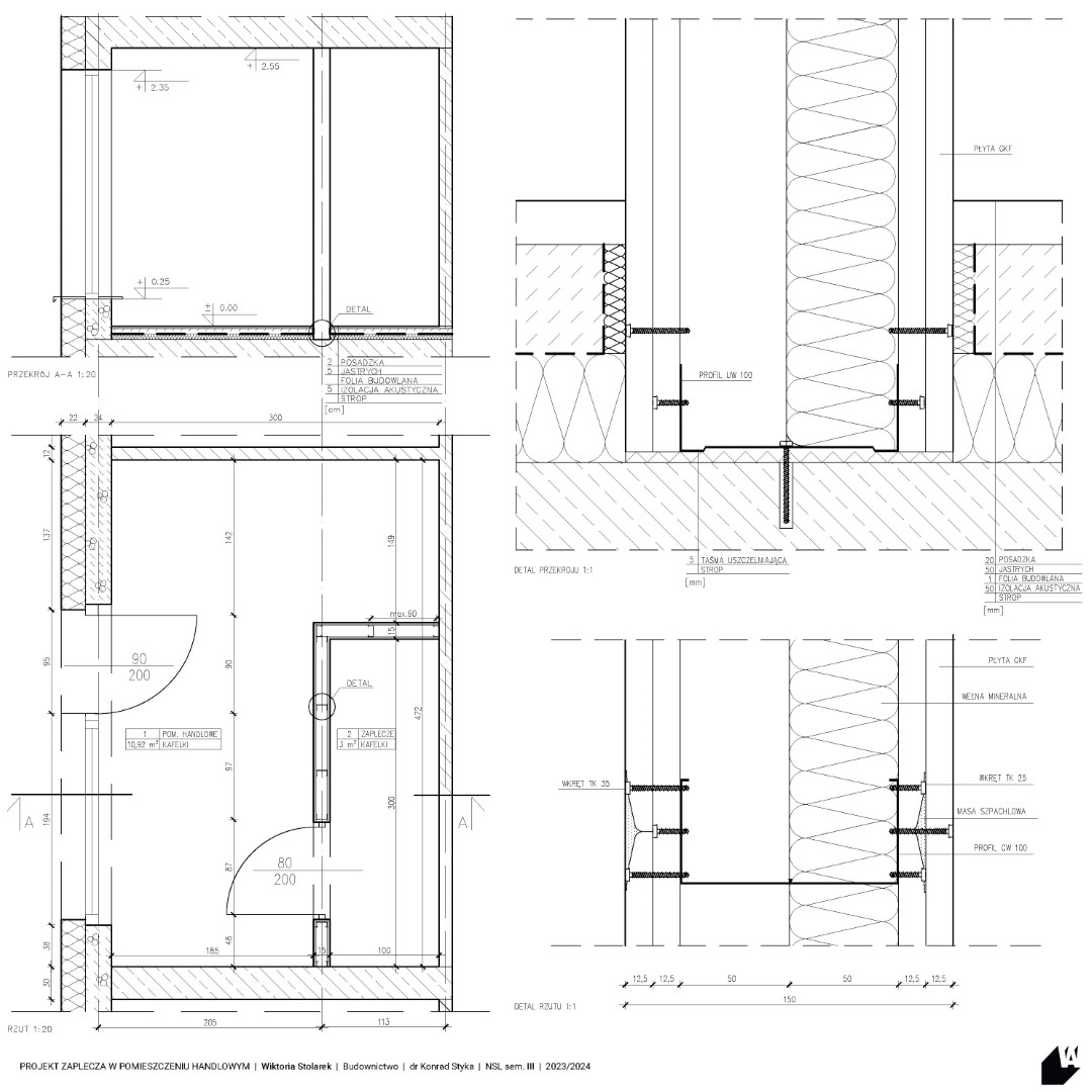 projekt zaplecza w pomieszczeniu handlowym, wykonany w ramach semestru III studiów niestacjonarnych. Dokument zawiera szczegóły dotyczące rozmieszczenia przestrzeni zaplecza, realizowany pod kierunkiem dr. Konrada Styki w roku akademickim 2023/2024.