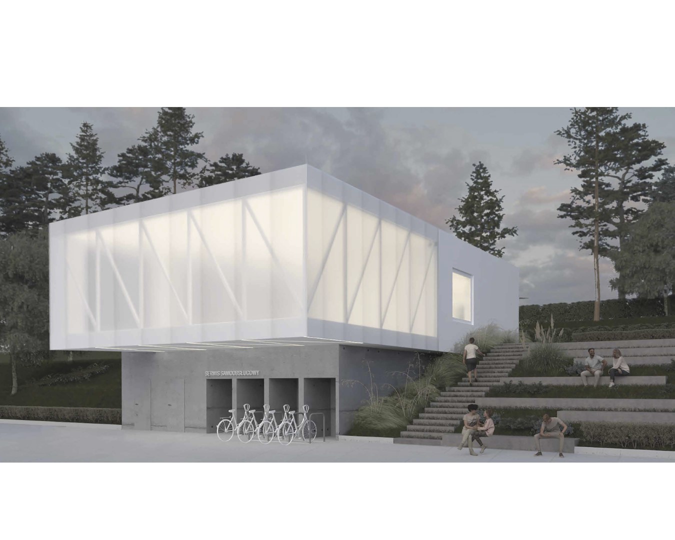 nowoczesny budynek serwisu rowerów z jasną, przeszkloną górną kondygnacją i betonową podstawą. W tle widoczne są drzewa, a przed budynkiem znajduje się parking dla rowerów oraz schody z miejscami do siedzenia, co tworzy harmonijną przestrzeń publiczną.