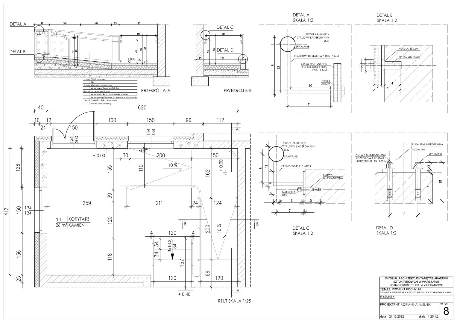 projekt pochylni z detalami technicznymi w skalach 1:25 i 1:2. Uwzględnia rzut, przekroje A-A i B-B oraz szczegóły konstrukcji, takie jak materiały: szkło hartowane, stal nierdzewna, kotwy mechaniczne. Projekt wykonany w 2022 roku, pod kierunkiem dr. K. Styki i mgr A. Siwek.