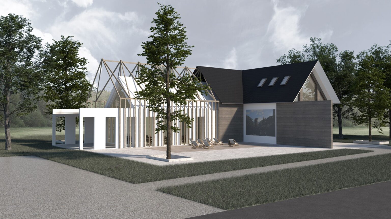 nowoczesny budynek centrum aktywności o geometrycznych formach, z częściowo przeszkloną konstrukcją. Na pierwszym planie widoczne są leżaki ustawione na tarasie. Otoczenie budynku to trawniki i drzewa, co sugeruje lokalizację w naturze.