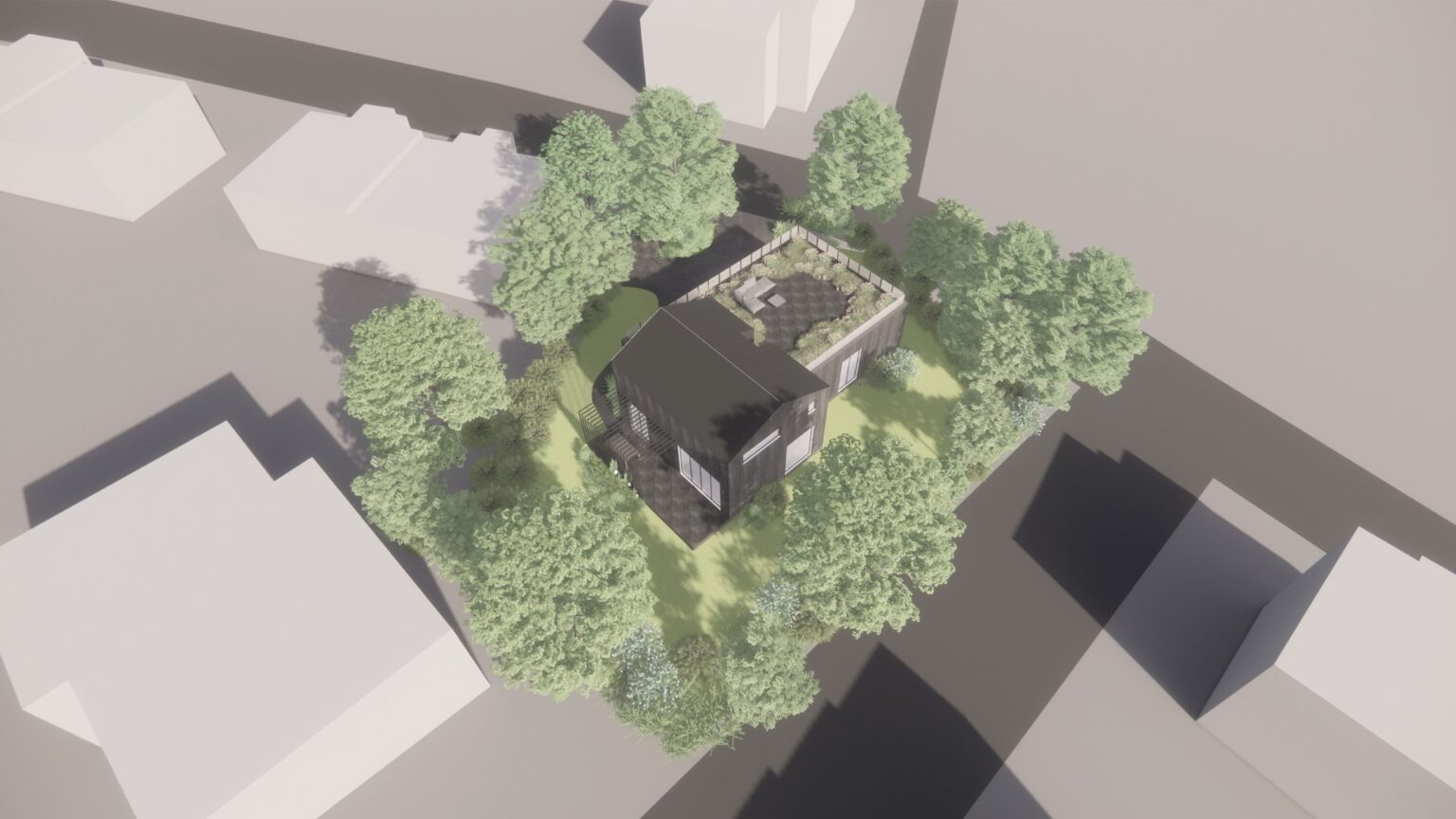 widok z lotu ptaka na nowoczesny budynek domu otoczony zielenią. Dom ma ciemną elewację i taras na dachu z roślinnością i meblami wypoczynkowymi. Otoczenie stanowią drzewa i sąsiednie zabudowania w minimalistycznym stylu.