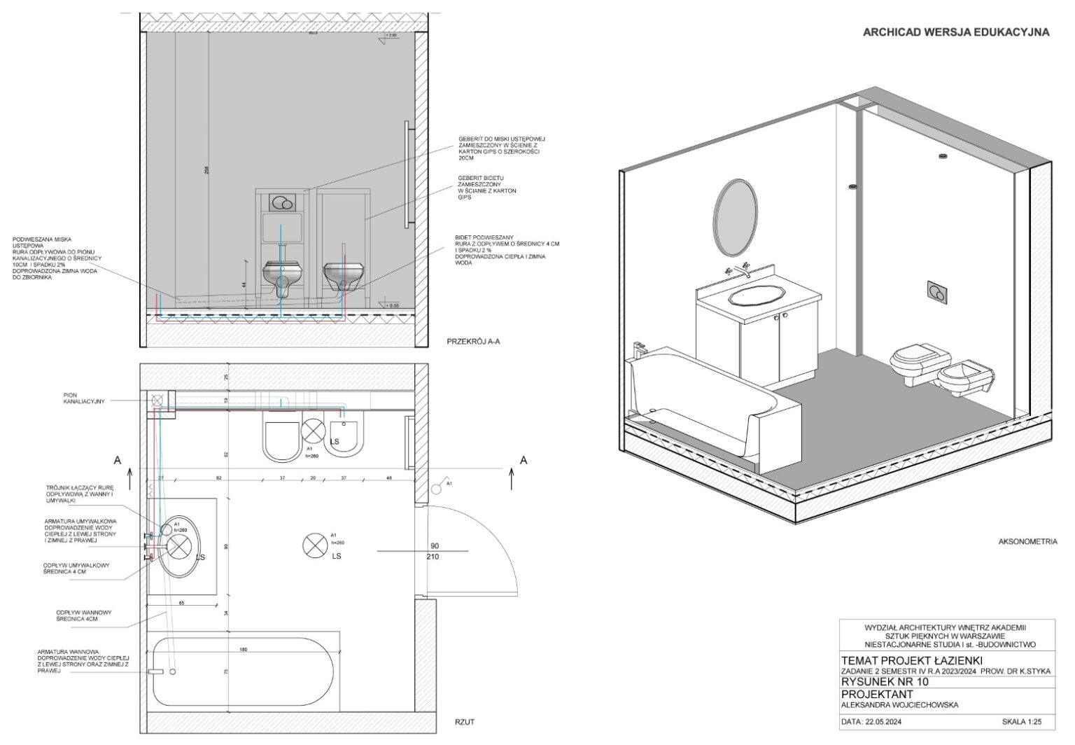 projekt łazienki w rzucie, przekroju A-A oraz aksonometrii. Widoczne są elementy instalacji sanitarnej, takie jak miska WC, bidet, wanna i umywalka, wraz z opisem montażu i rozprowadzenia instalacji wodno-kanalizacyjnej. Projekt wykonano w skali 1:25.