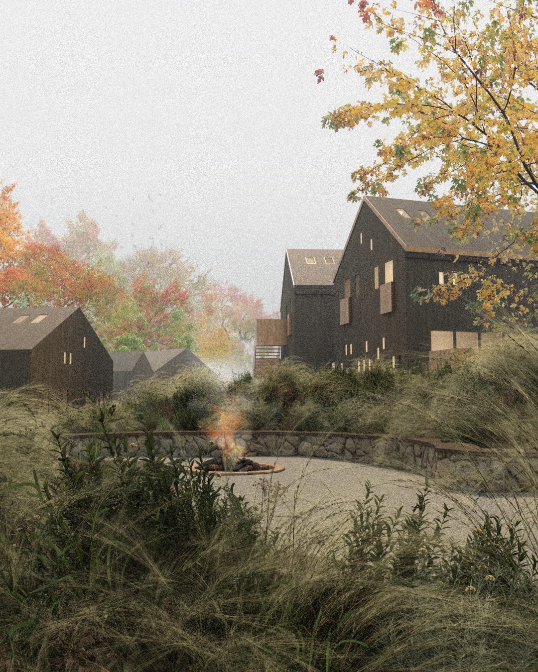 Schronisko to kompleks drewnianych budynków w rustykalnym stylu, otoczony bujną roślinnością i jesiennymi drzewami. Na pierwszym planie widoczna jest przestrzeń z ogniskiem otoczonym kamiennym murkiem. Scena emanuje spokojem i naturalnością.