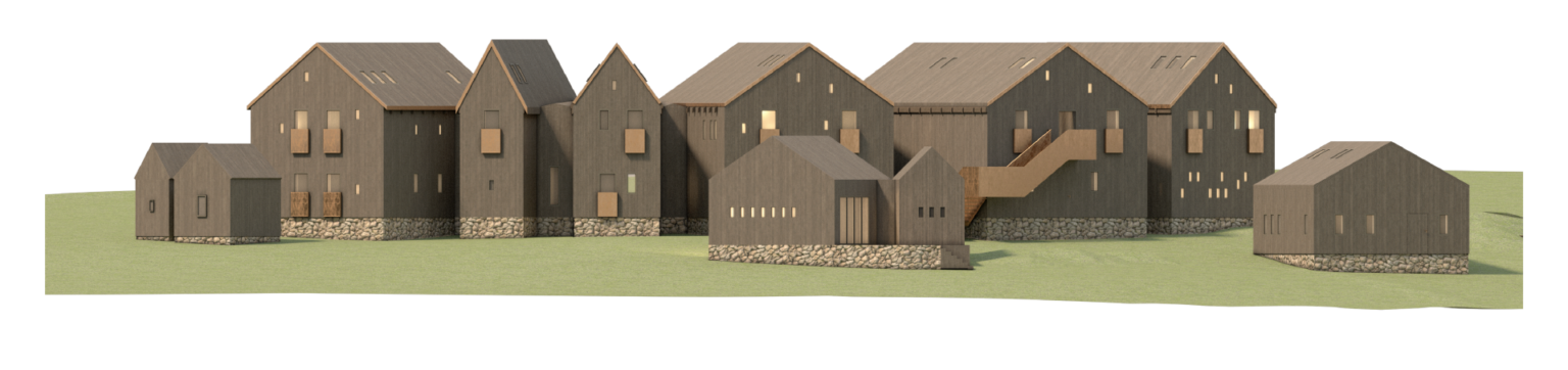 Schronisko to zespół drewnianych budynków w minimalistycznym stylu, osadzonych na kamiennych fundamentach. Konstrukcje mają prostą formę z licznymi oknami o różnych kształtach, nadającymi nowoczesny charakter. Budynki są usytuowane na trawiastym terenie.