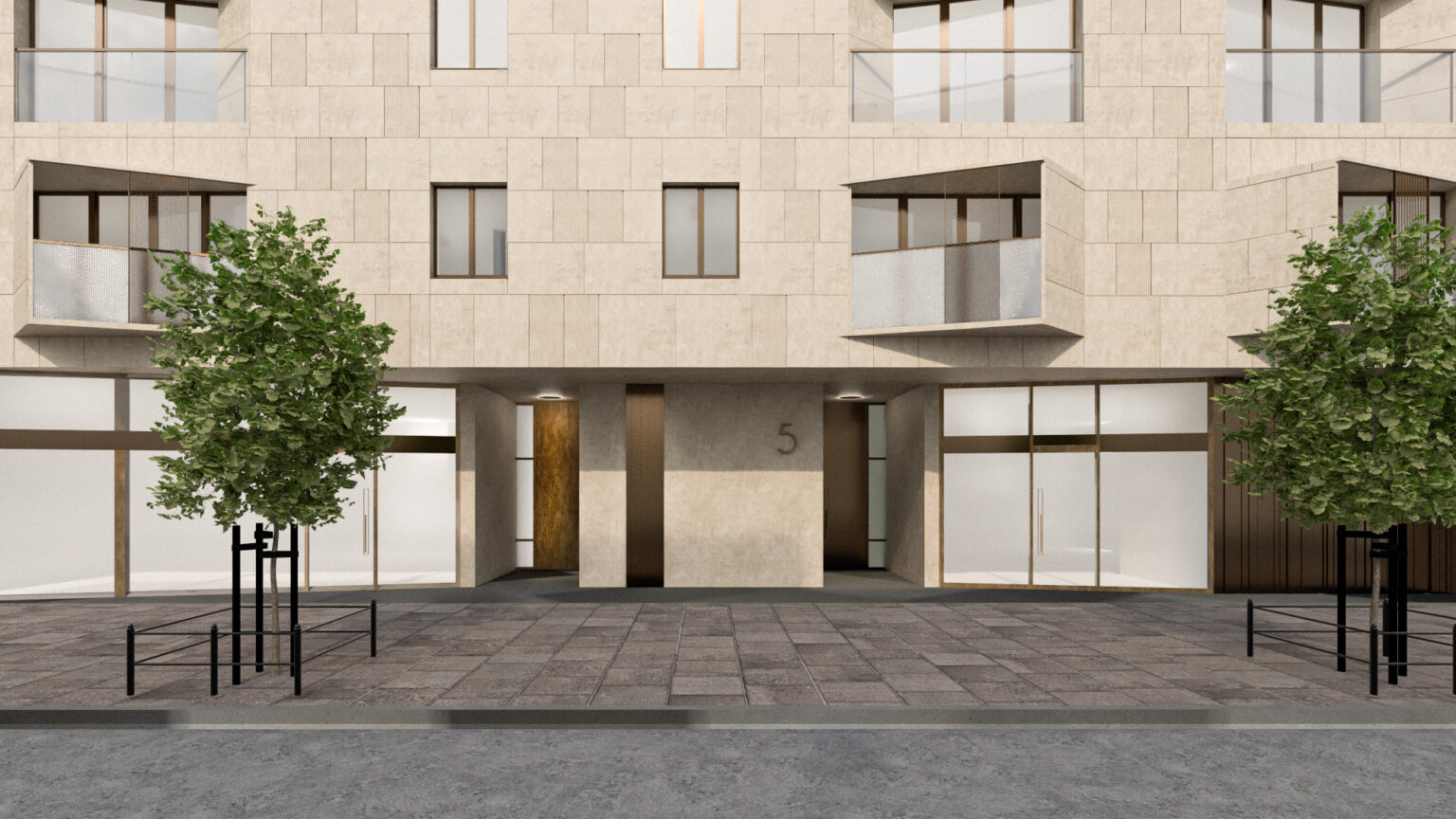 Ilustracja ukazuje parter nowoczesnego budynku mieszkalnego z jasną elewacją z kamiennych płyt. Widać drzwi wejściowe, duże przeszklenia oraz oznaczenie numeru budynku „5”. Przed budynkiem znajdują się drzewa i wybrukowany chodnik.