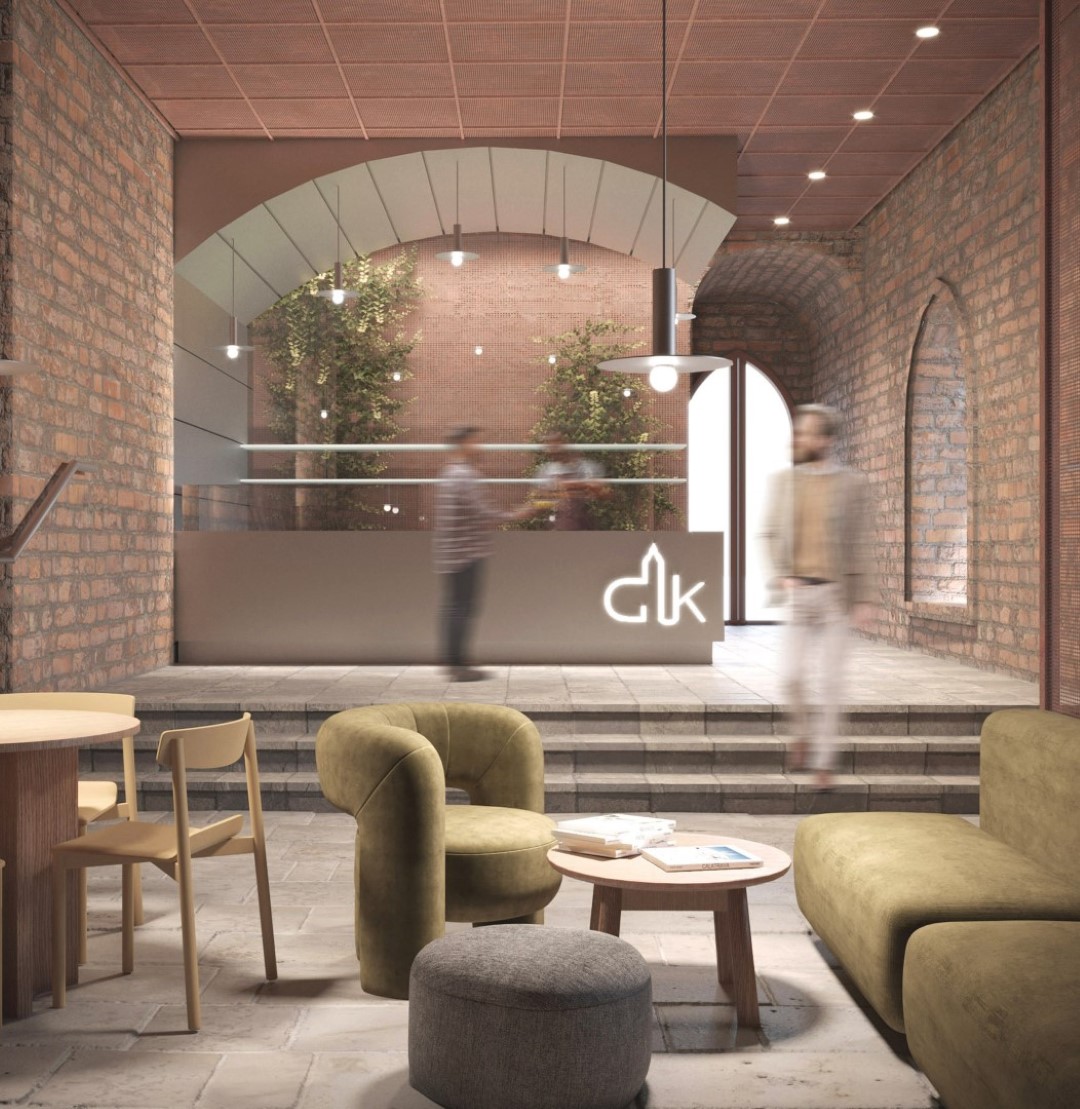 Wizualizacja przedstawia strefę kawiarni w centrum kultury, które zaprojektowano w ruinach starej, gotyckiej katedry. Całość wnętrza utrzymana jest w kolorach cegły - czerwono-brązowym.