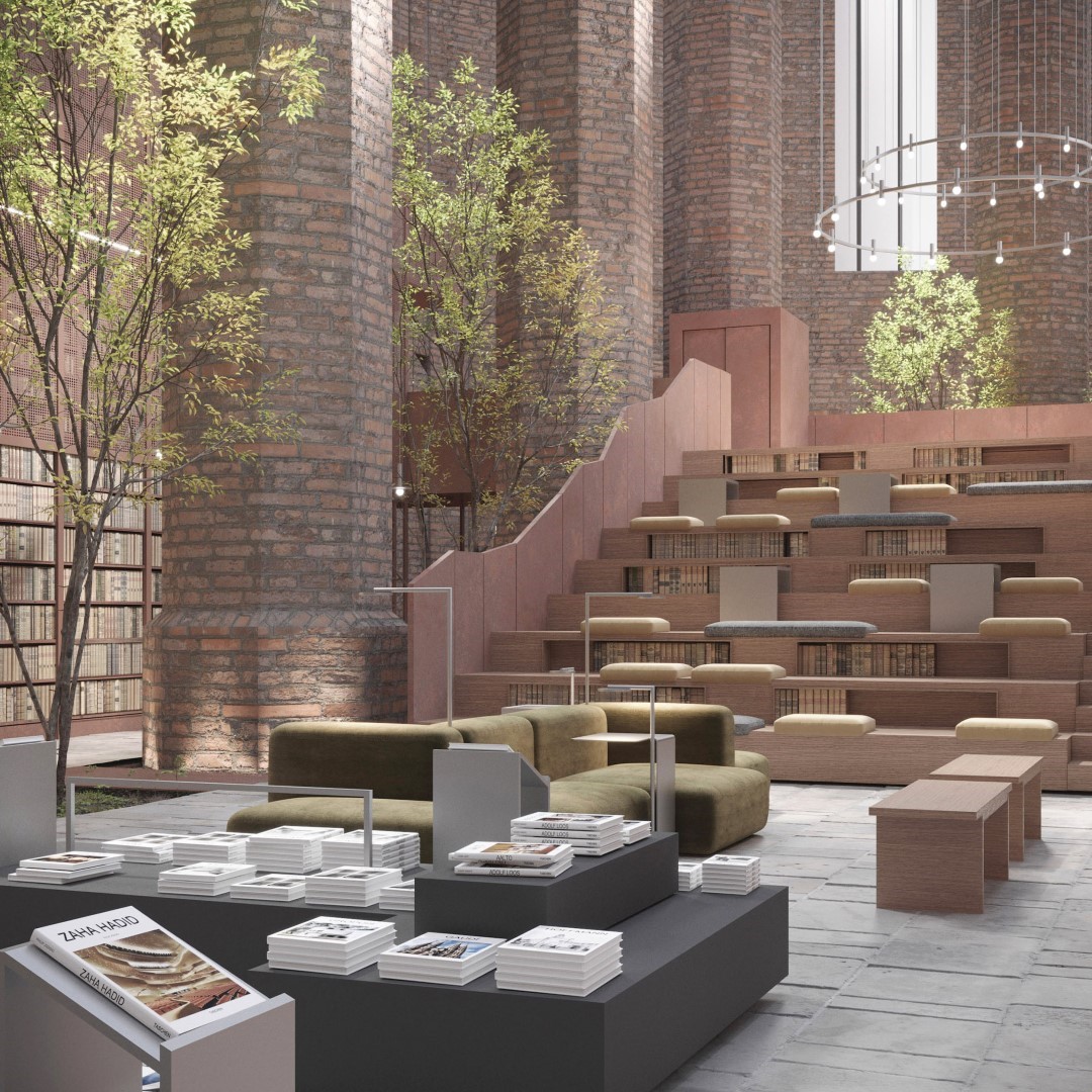 Wizualizacja przedstawia trybunę wielofunkcyjną służącą jako schody, widownię lub czytelnię z podestem przeznaczonym na funkcję wystawową. Całość wnętrza utrzymana jest w kolorach cegły - czerwono-brązowym.