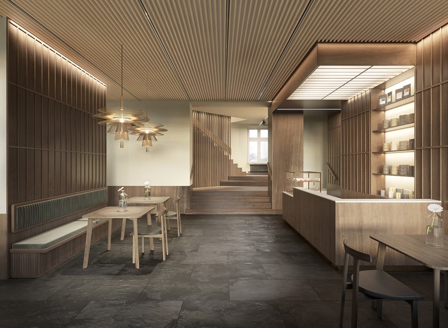 Projekt wnętrza herbaciarni, inspirowany stylem japońskim. Zaprojektowane wnętrze wyróżnia wykorzystanie naturalnych materiałów oraz charakterystyczne źródła światła.