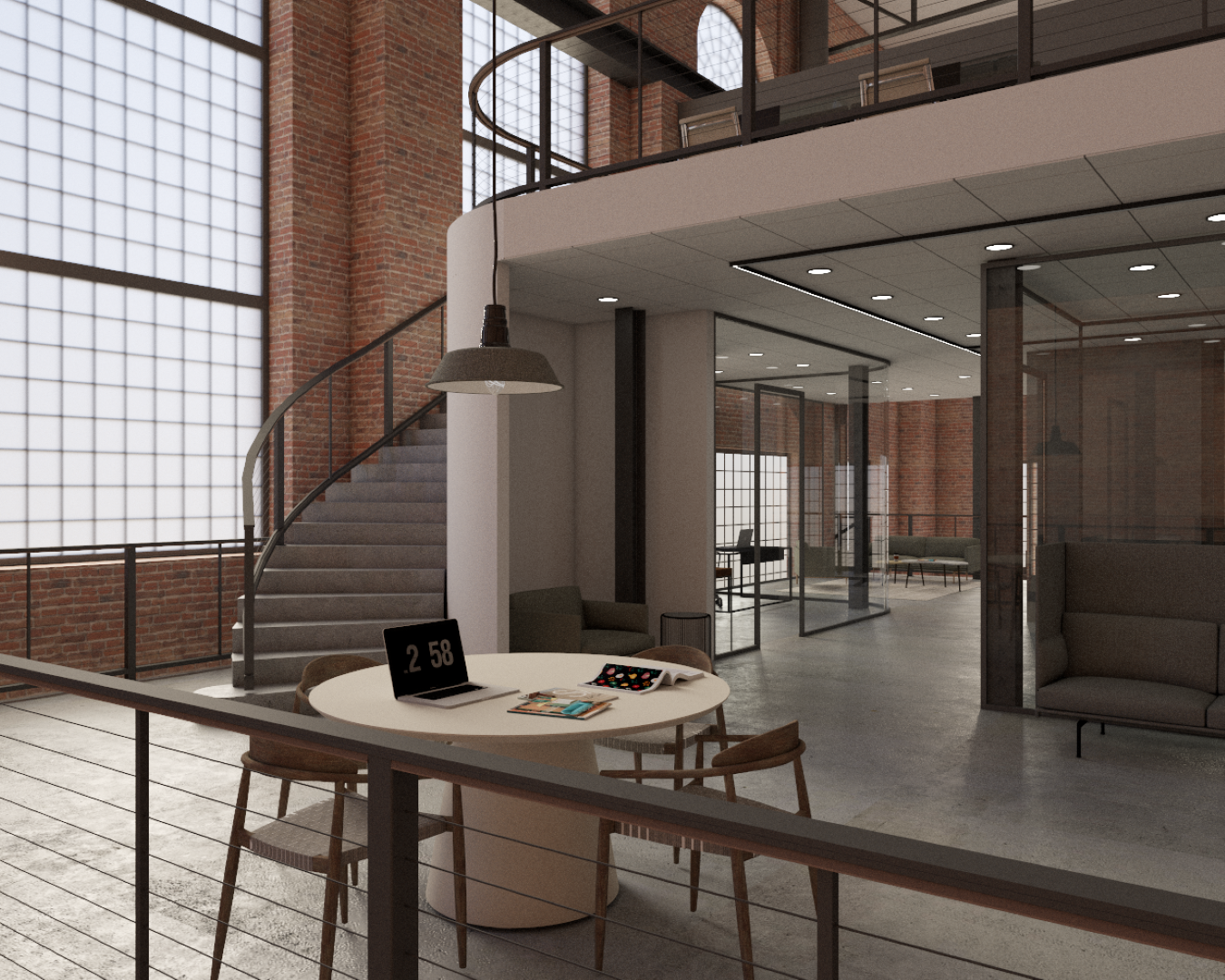 Projekt adaptacji wnętrza dawnej elektrowni na rynku Manufaktury w Łodzi, na wnętrze redakcji magazynu Elle Decoration. Wizualizacja przedstawia poziom, na którym zaprojektowane zostały specjalnie wyciszone sale do spotkań w zespołach.