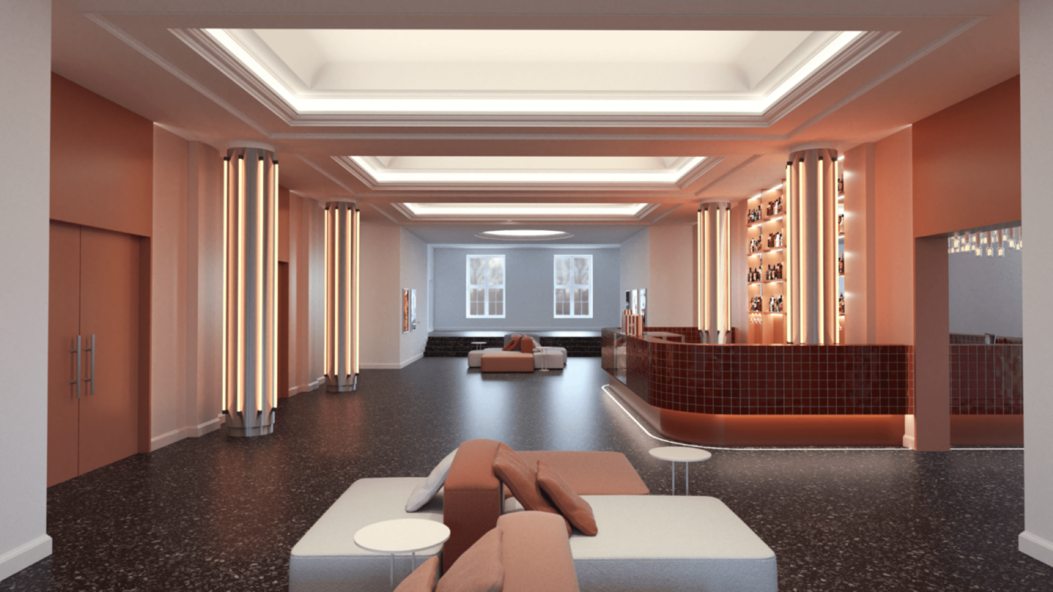 Wizualizacja przedstawia wnętrze kina, które jest efektem podjętego przez studentkę zadania - rewitalizacji kina Świt w Nowej Hucie. Kolorystyka wnętrza jest nieoczywista - kolor różowy jest dominantą wnętrza z lat 50 XX wieku.