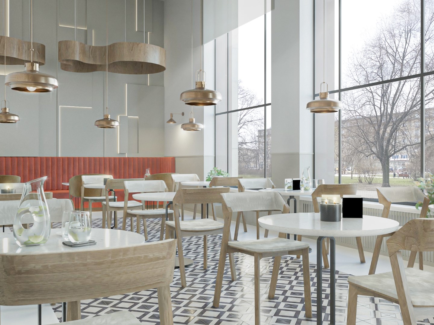 Wizualizacja wnętrza kawiarni z ekspozycją plakatów z lat 70. Wnętrze lokalu na Pl.Hallera, w której studentka zaprojektowała wnętrze kawiarni