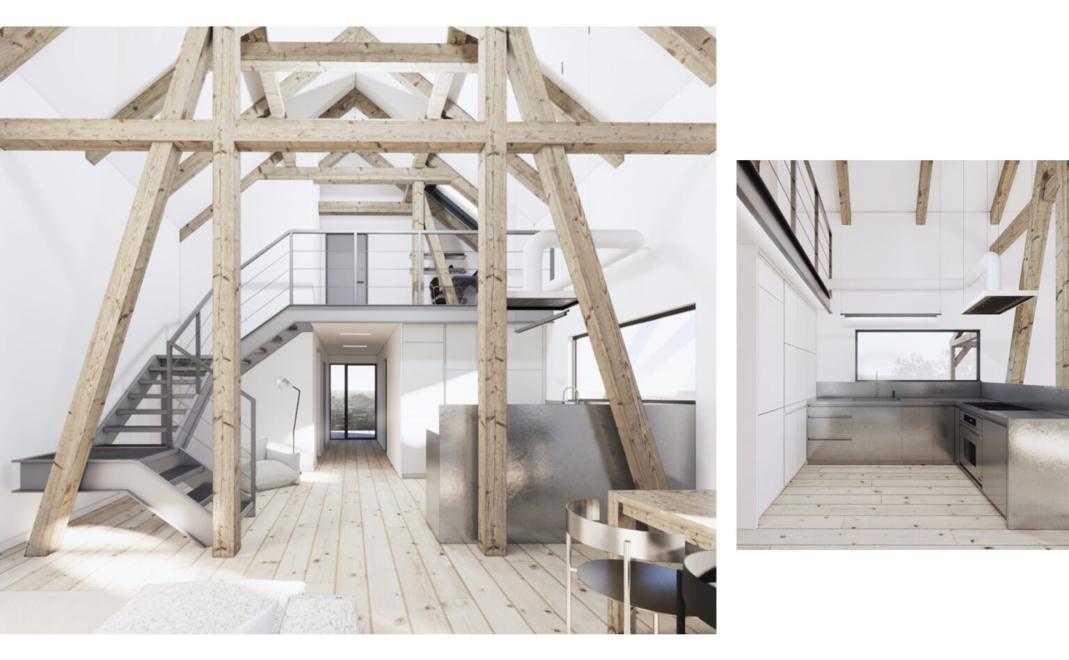 Projekt stodoły o konstrukcji drewnianej. Wizualizacje przedstawiają propozycję minimalistycznego wnętrza, z wykorzystaniem stali, drewna oraz jasnych kolorów.