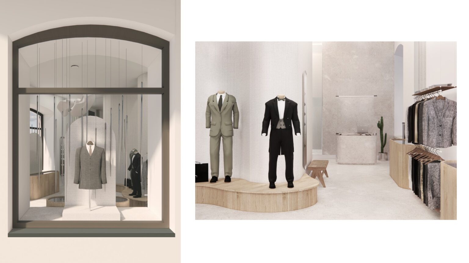 Projekt wnętrza sklepu oraz witryny z elegancką odzieżą męską, szytą na miarę. Wizualizacje przedstawiają ekspozycję, ale w projekcie uwzględniono również przestrzeń przymiarek oraz prac krawieckich.