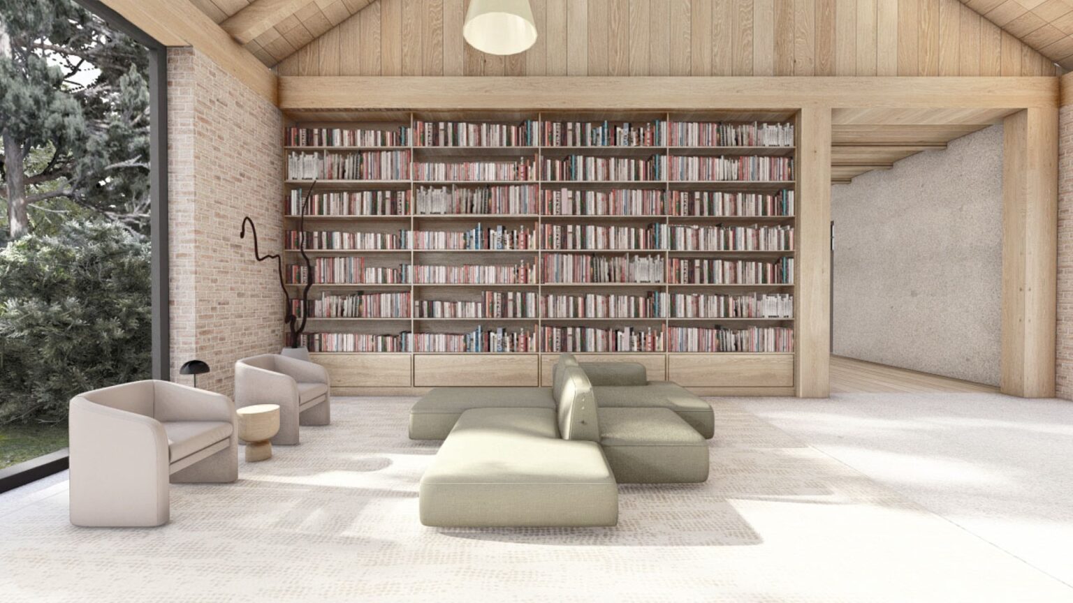 Wnętrze budynku na Mazurach znajdującego się w kompleksie agroturystycznym nad jeziorem. Wizualizacja przedstawia bibliotekę wraz z kanapami, które pełnią funkcję poczekalni, wypoczynku przy recepcji.