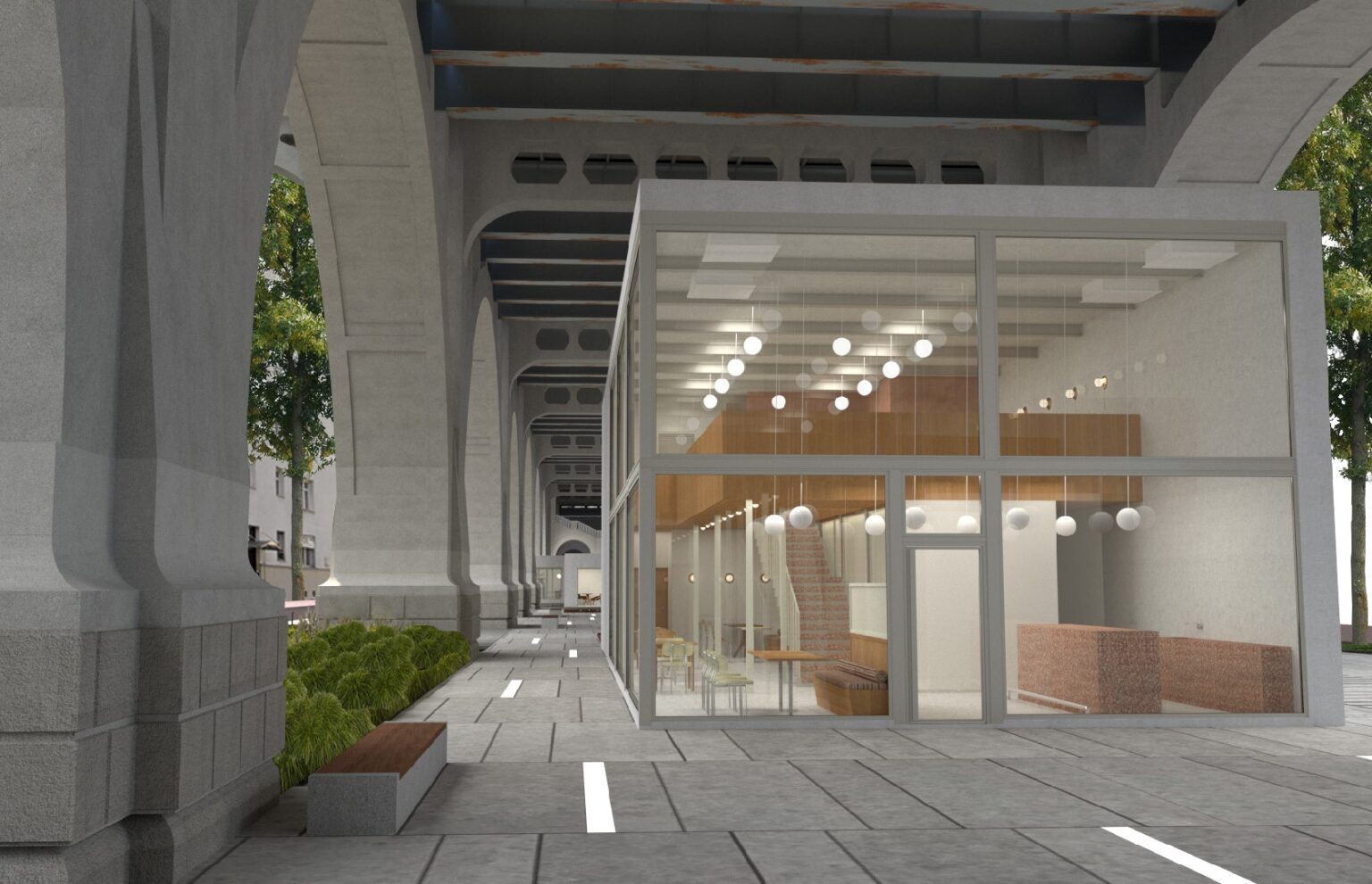 Wizualizacja przedstawia przestrzeń pod wiaduktem mostu Poniatowskiego gdzie studentka zaproponowała koncepcję zagospodarowania i aranżacji przestrzeni. W efekcie powstały pawilonu o funkcjach takich jak: kawiarnia, bar mleczny, kiosk oraz warzywniak.