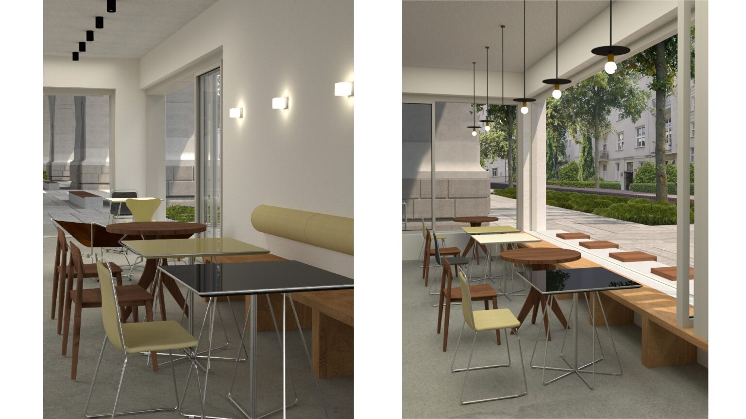 Wizualizacja przedstawia wnętrze kawiarni. Jest ono częścią przestrzeni użytkowej pod wiaduktem mostu Poniatowskiego, gdzie studentka zaproponowała koncepcję zagospodarowania i aranżacji przestrzeni. W efekcie powstały pawilonu o funkcjach takich jak: kawiarnia, bar mleczny, kiosk oraz warzywniak.