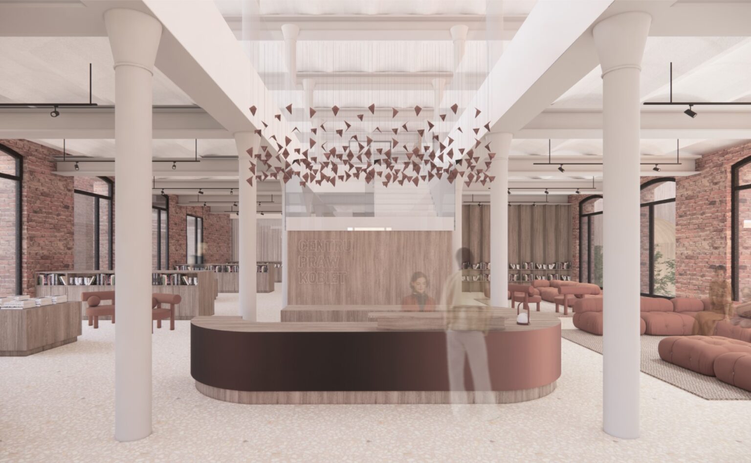 Wnętrze recepcję budynku Centrum Praw Kobiet. Koncepcja kompleksowego wnętrza dla tej fundacji została stworzona w budynku znajdującym się w centrum Warszawy. Przestrzeń obejmuje: biuro, przestrzeń do konsultacji indywidualnych i grupowych, sklep z artykułami pierwszej potrzeby oraz Specjalistyczny Ośrodek Wsparcia, czyli bezpieczne schronienie.