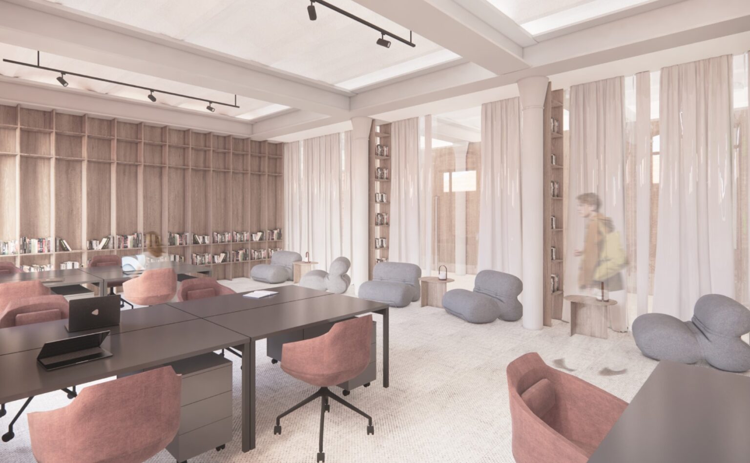 Wnętrze przedstawiające przestrzeń do pracy i nauki w budynku Centrum Praw Kobiet. Koncepcja kompleksowego wnętrza dla tej fundacji została stworzona w budynku znajdującym się w centrum Warszawy. Przestrzeń obejmuje: biuro, przestrzeń do konsultacji indywidualnych i grupowych, sklep z artykułami pierwszej potrzeby oraz Specjalistyczny Ośrodek Wsparcia, czyli bezpieczne schronienie.