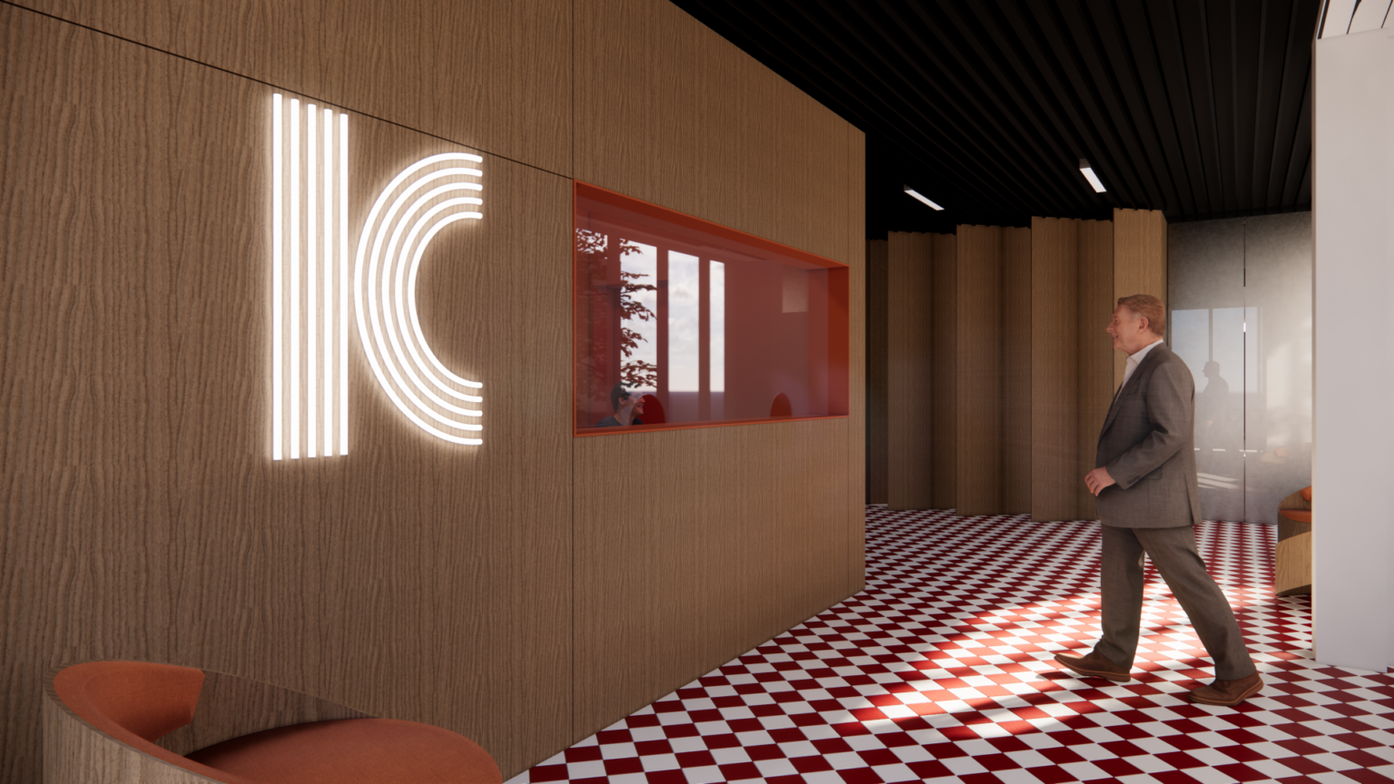 Projekt wnętrza warszawskiego Kina Tęcza wraz z wprowadzeniem nowych funkcji - biura firmy dystrybucyjnej. Wizualizacja przedstawia hol wejściowy do kina. Przeważają ciemny fornir oraz czerwień i kontrastująca z nimi biel i czerń.