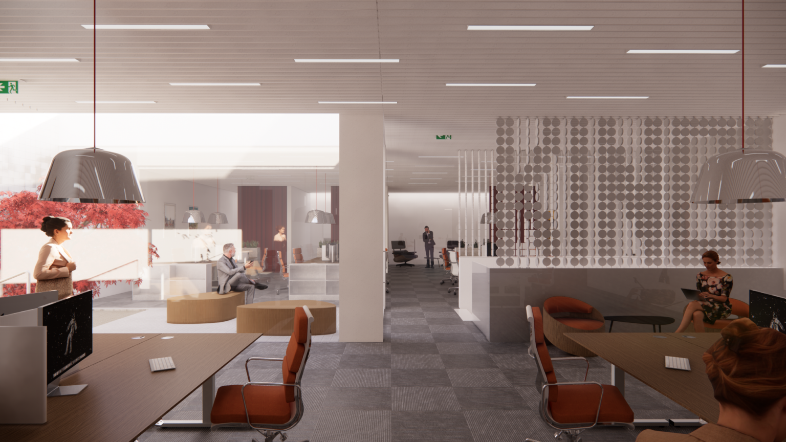 Przestrzeń biura dystrybucyjnego Kina Tęcza. Wizualizacja przedstawia strefę biurową, którą dzieli klatka schodowa z unikalnym pomysłem ażurowego przepierzenia.