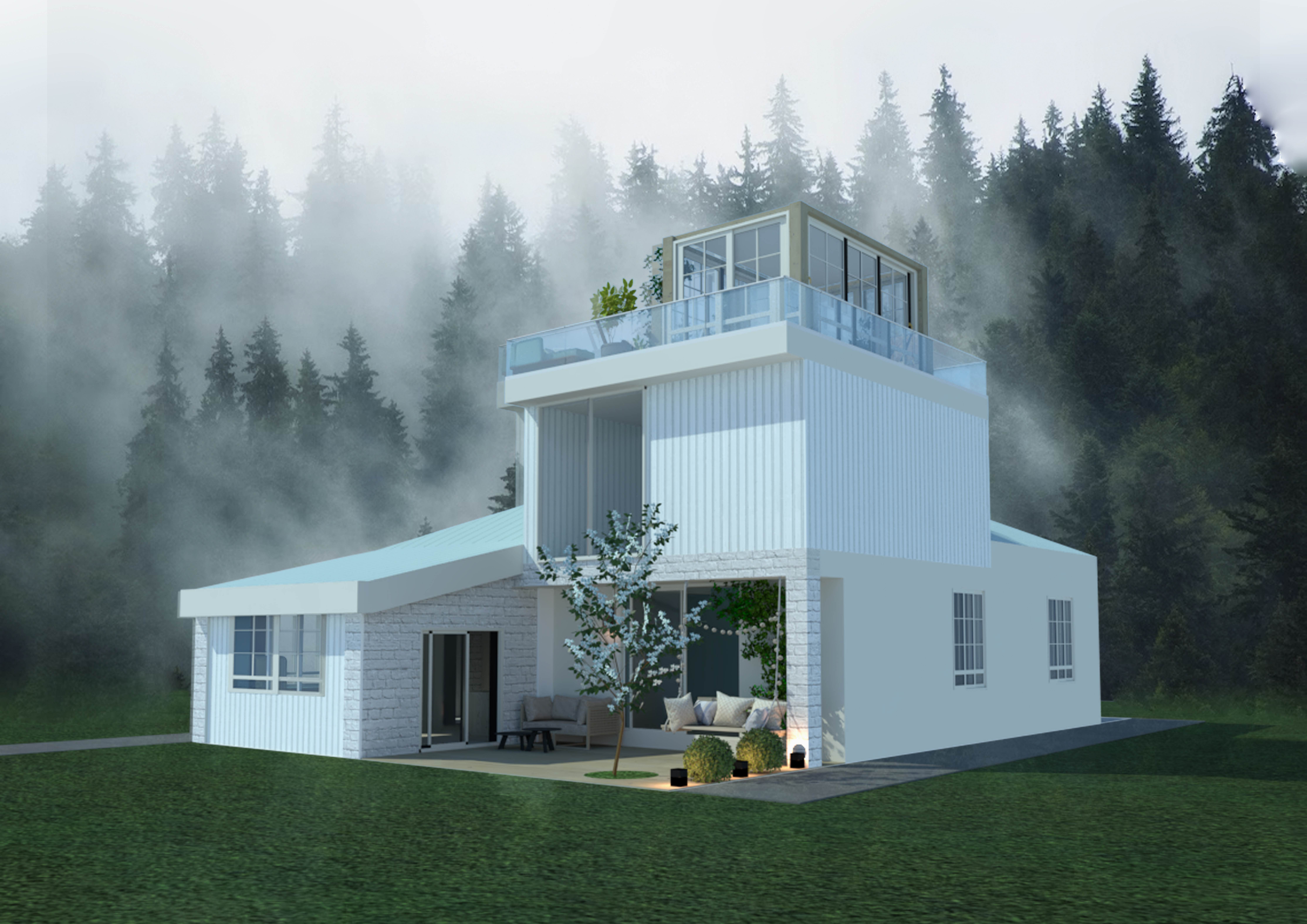nowoczesny dom jednorodzinny położony w otoczeniu gęstego, mglisto-zalesionego krajobrazu. Budynek ma unikalną, wielopoziomową konstrukcję, z jasnymi ścianami wykonanymi z połączenia cegły i blachy falistej. Dach głównej części domu jest lekko nachylony, a na jego szczycie znajduje się przeszklony taras.