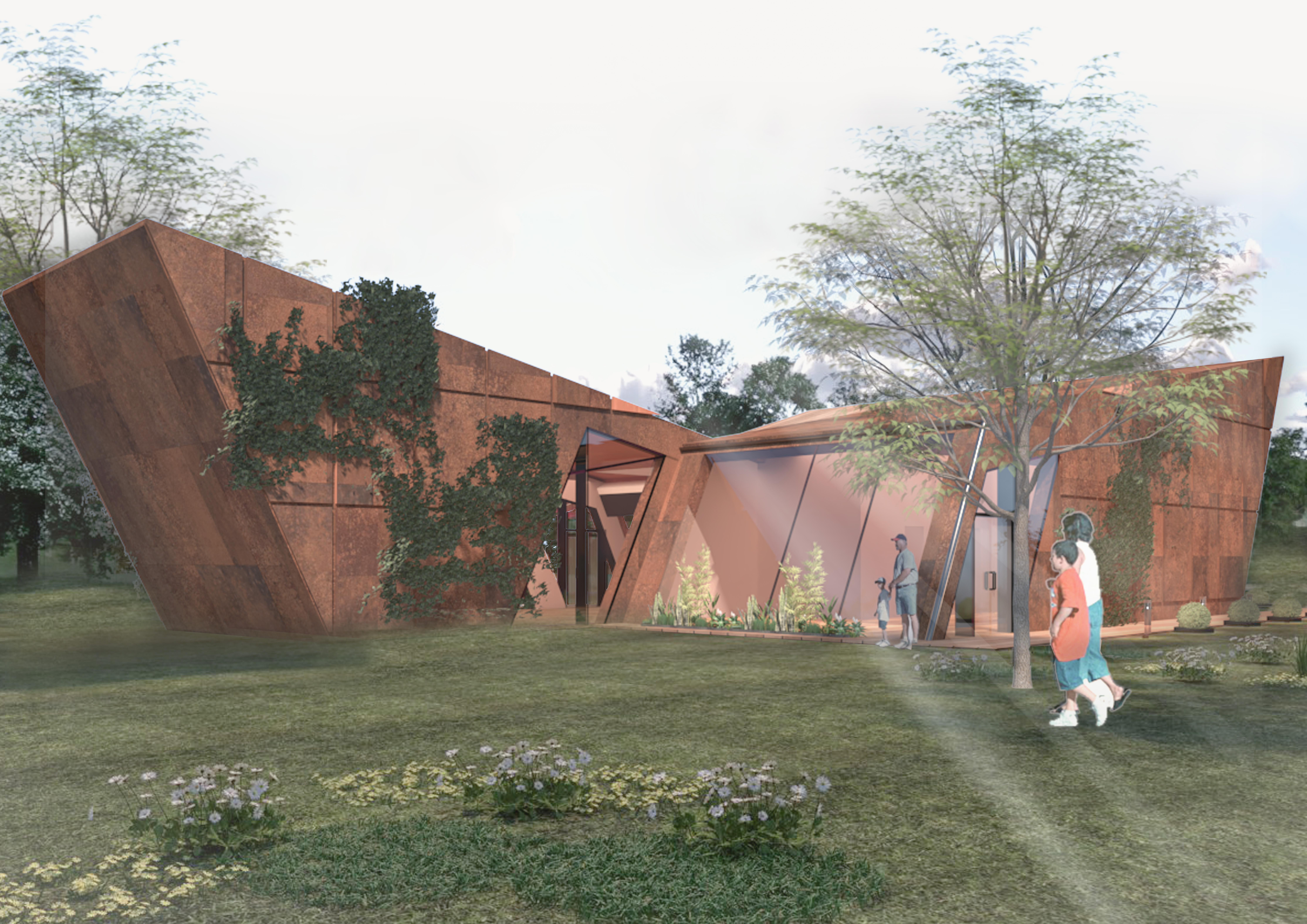 nowoczesny pawilon o dynamicznej, geometrycznej formie z elewacją w kolorze rdzy, częściowo pokrytą pnączami. Budynek otacza zielona przestrzeń z drzewami i rabatami kwiatowymi. Przed wejściem widoczne są postacie – dorosły z dzieckiem i osoba z psem.