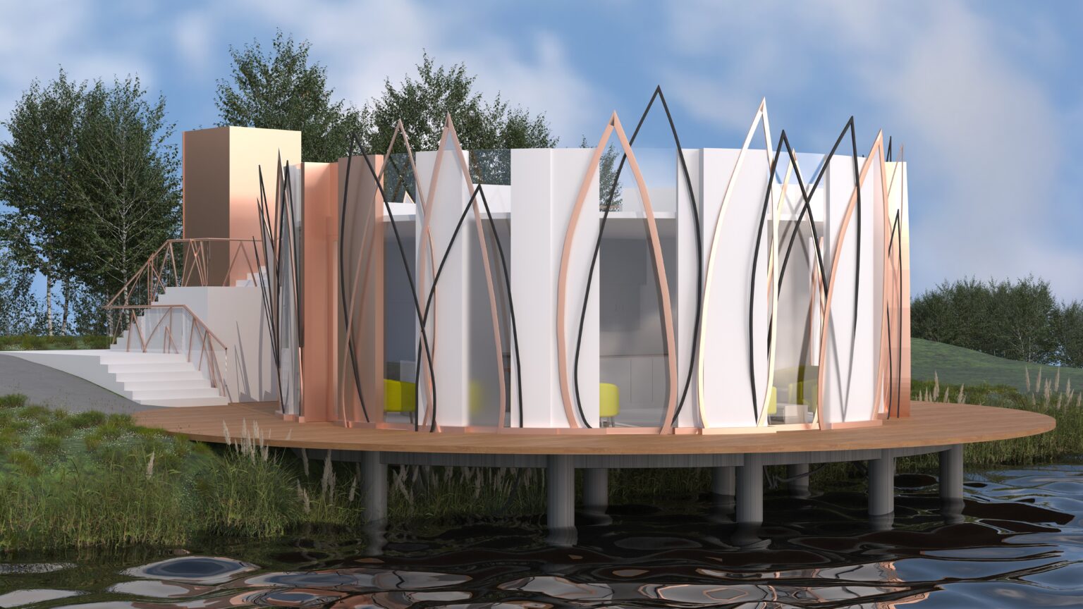 nowoczesny pawilon na wodzie z białą fasadą ozdobioną dekoracyjnymi, organicznymi elementami w kolorze miedzi i czerni. Obiekt stoi na palach, a wejście prowadzi po schodach. W tle widoczne są drzewa i wzgórza, a wnętrze jest jasne z akcentami żółci.