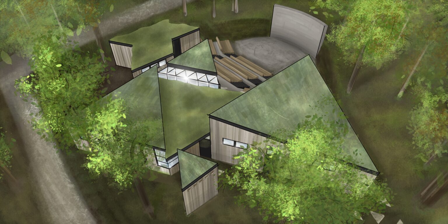 nowoczesny pawilon kina letniego w lesie, widziany z lotu ptaka. Budynek ma geometryczne kształty, drewniane elewacje i zielone dachy harmonizujące z otoczeniem. Na tyłach znajduje się półokrągły ekran i widownia z drewnianymi ławkami. Całość otacza gęsta roślinność.