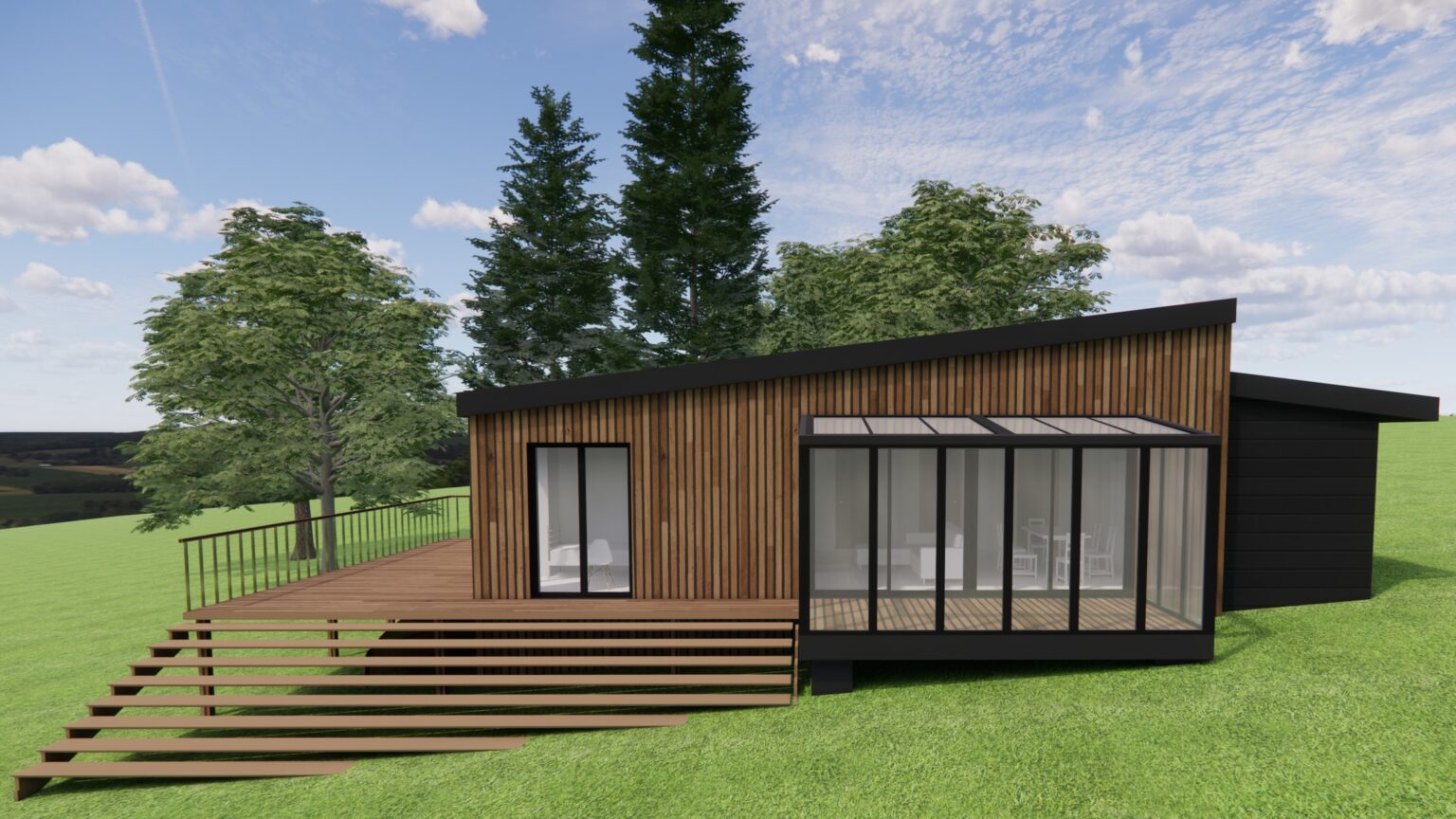 nowoczesny dom na wzniesieniu, otoczony zielenią. Budynek ma drewnianą elewację z pionowymi lamelami, duże przeszklenia oraz taras z szerokimi schodami prowadzącymi na trawnik. Przeszklona weranda zapewnia dostęp do naturalnego światła i widok na otoczenie.