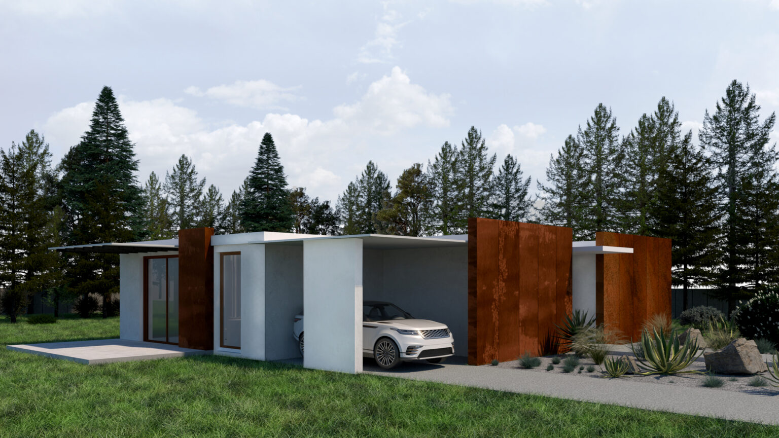 nowoczesny, parterowy dom z płaskim dachem, położony w otoczeniu drzew. Budynek łączy białe ściany z panelami z rdzawego cortenu. Obok znajduje się zadaszone miejsce parkingowe z luksusowym samochodem. Przed wejściem zaprojektowano minimalistyczny ogród z roślinnością