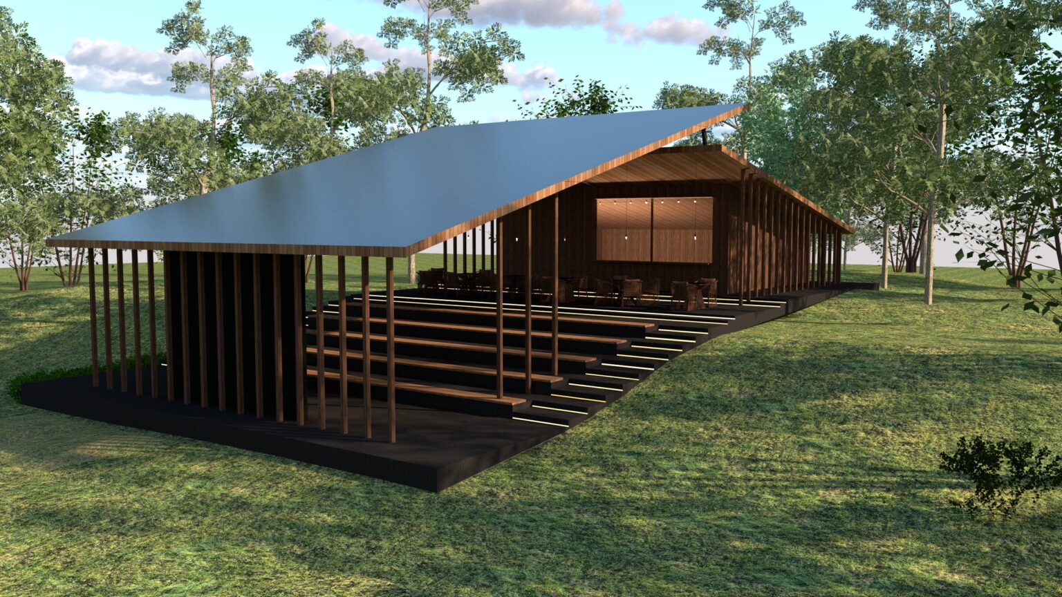 wizualizacja nowoczesnego kina letniego w otoczeniu zieleni. Budynek ma ażurową konstrukcję z drewnianymi elementami i spadzisty dach. Szerokie stopnie prowadzą do otwartej sali ze stolikami i miejscami do siedzenia. Całość harmonizuje z naturalnym krajobrazem.