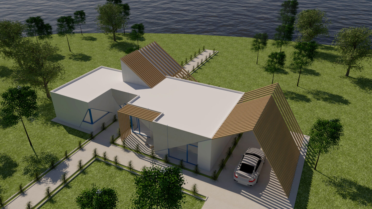 nowoczesny, parterowy dom z płaskim dachem, z trójkątnymi drewnianymi zadaszeniami na samochód i nad wejściem, położony nad jeziorem. Niebieskie ramy okien nawiązują do wody - dom jest przeznaczony do Żeglarza. Budynek ma białe ściany. Przed wejściem zaprojektowano minimalistyczny ogród z roślinnością