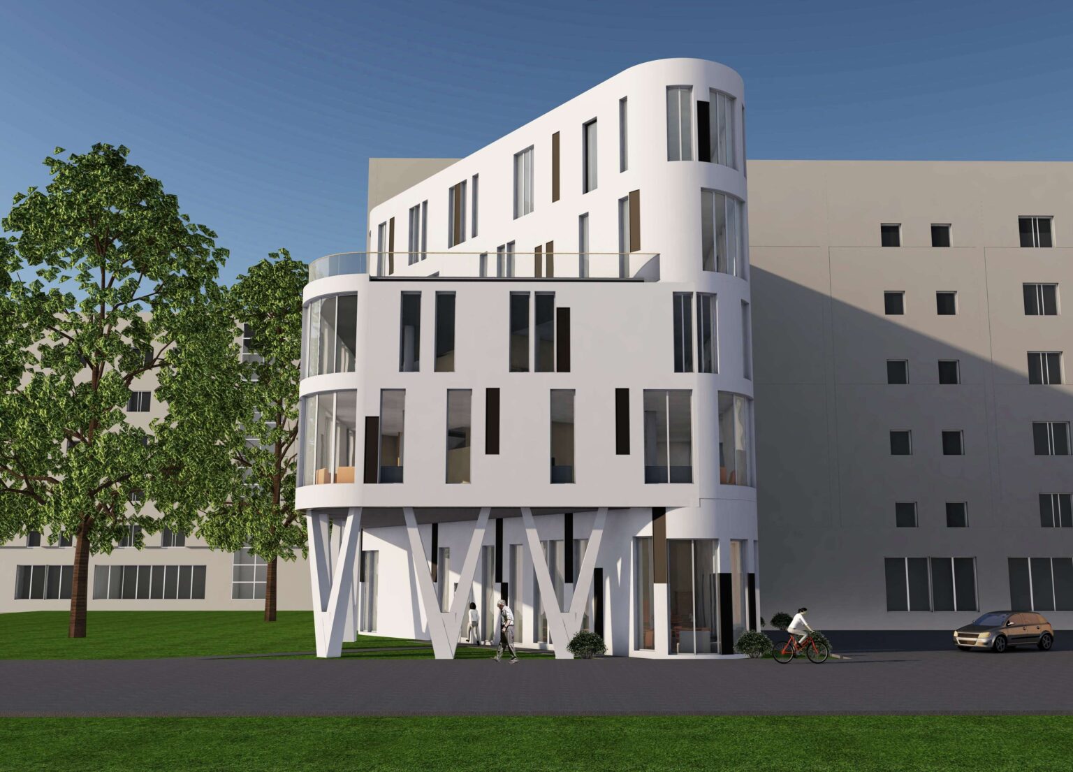 Ilustracja przedstawia nowoczesny budynek o dynamicznej, zaokrąglonej formie. Elewacja jest biała z licznymi pionowymi przeszkleniami. Parter wspiera się na smukłych, ukośnych filarach, tworząc ażurową przestrzeń. W tle widoczne są drzewa i inne budynki, a na chodniku przechodnie i rowerzysta.