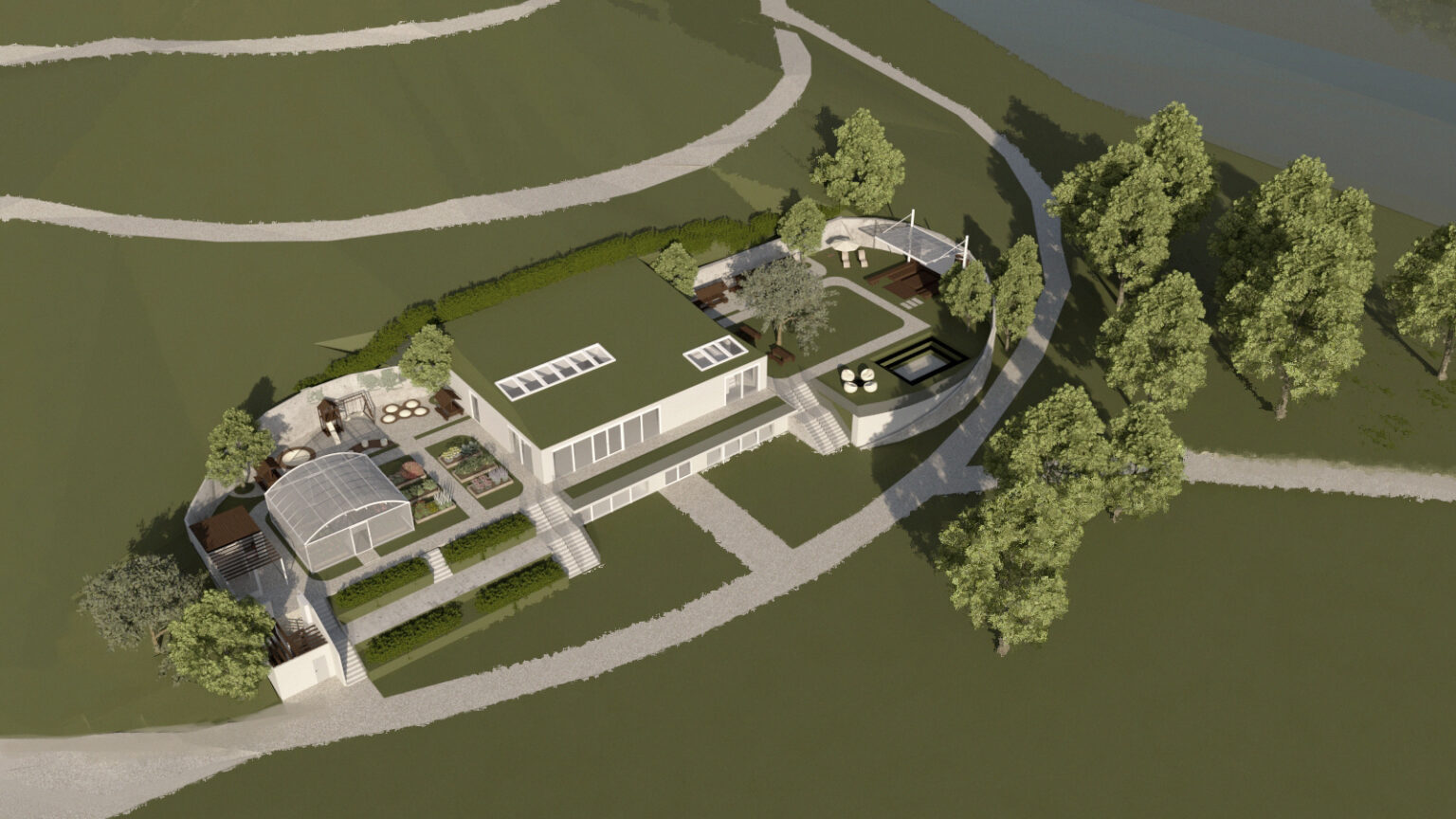 Ilustracja przedstawia nowoczesny budynek z zielonym dachem, otoczony terenami rekreacyjnymi. Widoczne są ścieżki, tarasy, ogród z pergolą oraz szklarnia. Po prawej stronie znajduje się strefa relaksu z jacuzzi i zadaszoną altaną. Całość harmonijnie wpisuje się w otaczającą zieleń i krajobraz.