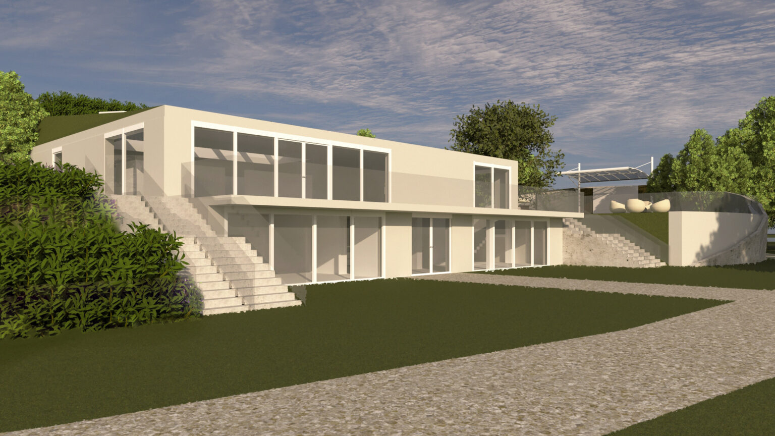 Ilustracja przedstawia nowoczesny budynek o minimalistycznej formie, wkomponowany w zielone otoczenie. Obiekt posiada duże przeszklenia, szerokie tarasy i schody prowadzące do wejść. Na wyższym poziomie widoczna jest strefa wypoczynkowa z zadaszoną pergolą i designerskimi